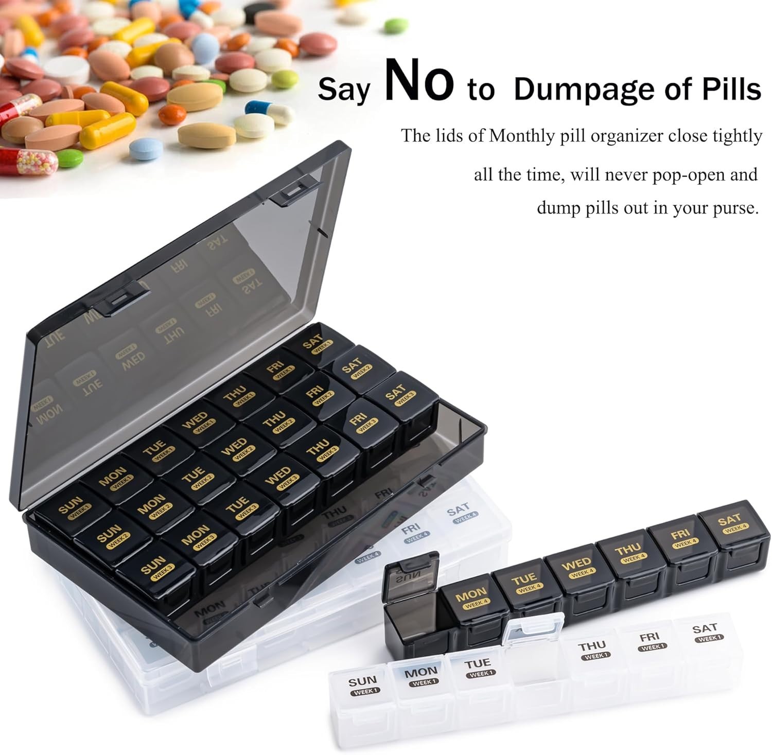 Large Monthly Pill Organizer 28 Days Portable One Month Pill Box Weekly Case