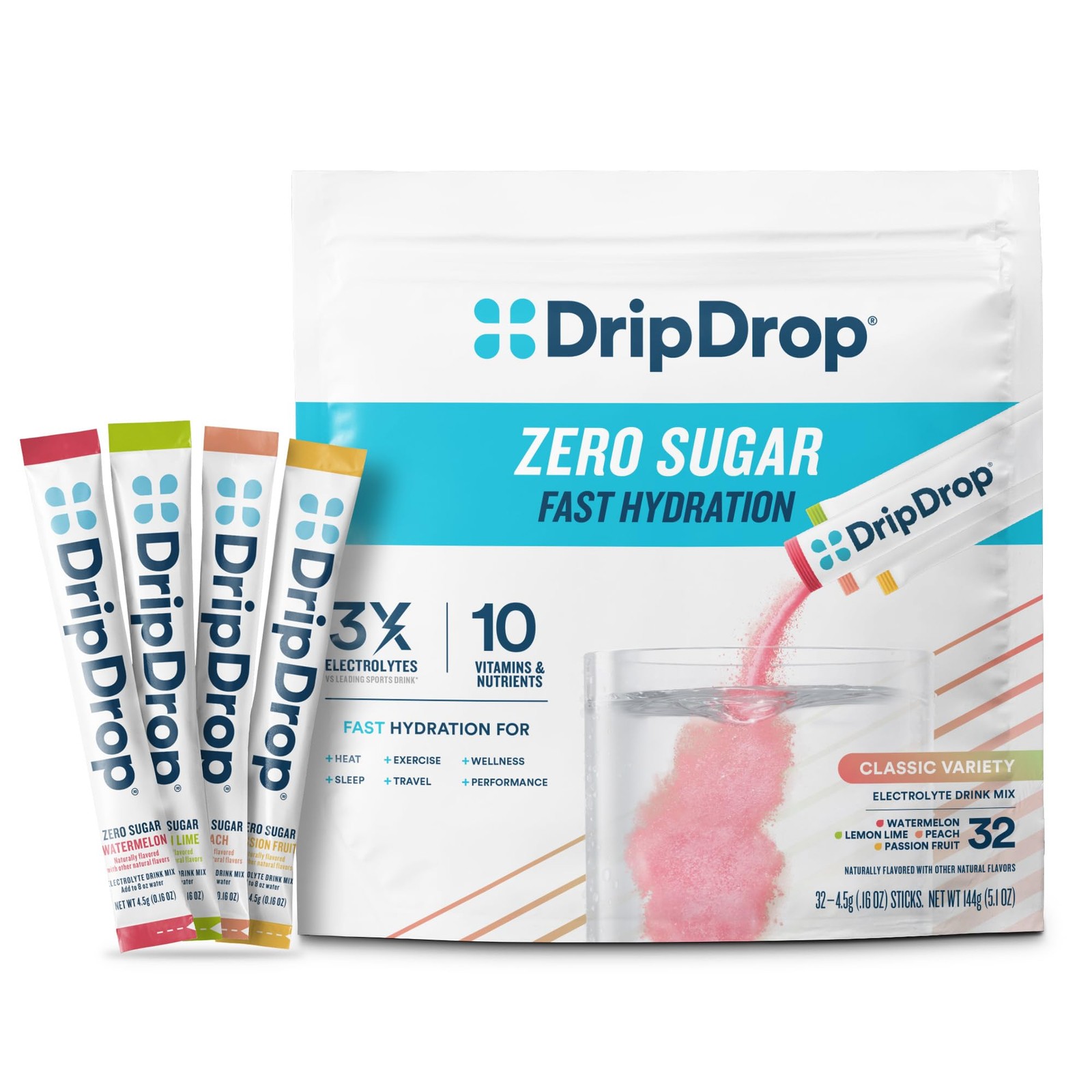 DripDrop Sugar Free Hydration Packets – Zero Classic Variety Pack – 32 Count