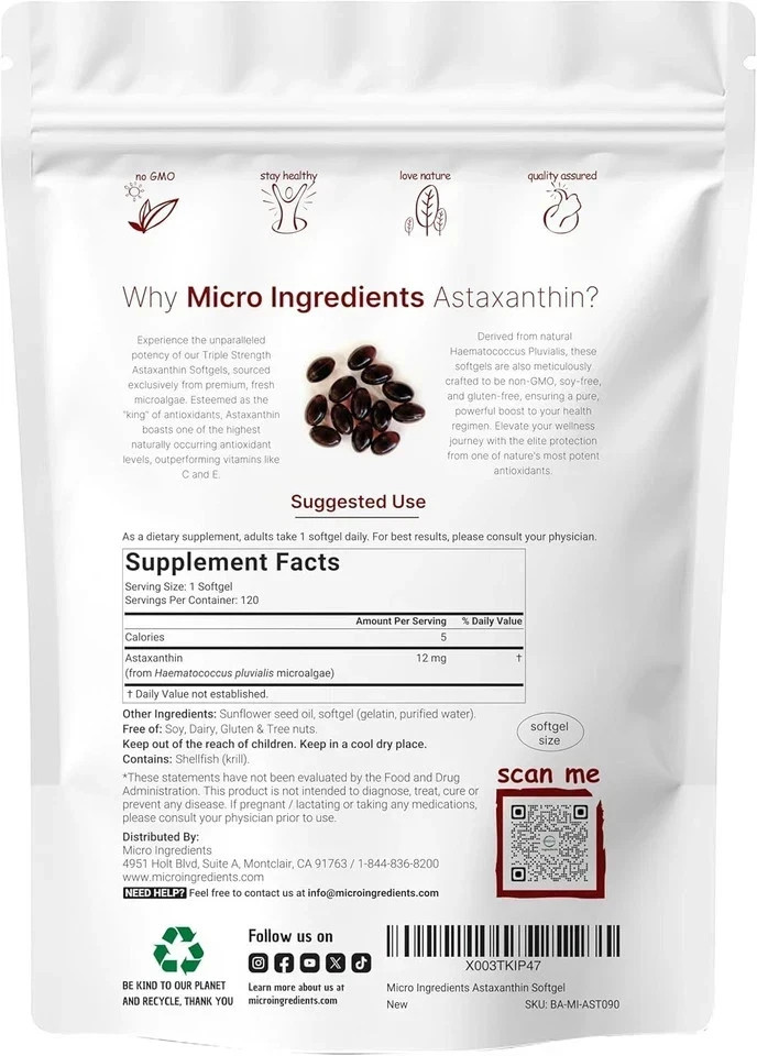 12mg Natural Astaxanthin 120 Softgels Micro Ingredients Easy Swallow