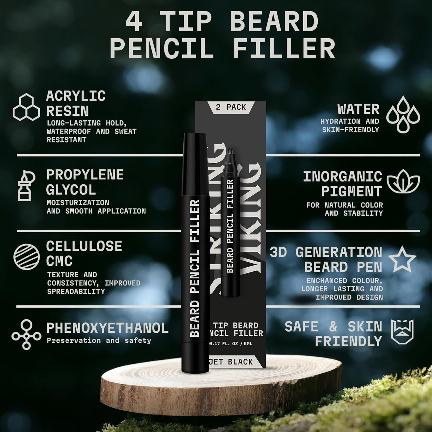 Beard Pen – Jet Black, 2 Pack – Temporary Beard Dye – Waterproof Sweatproof Long
