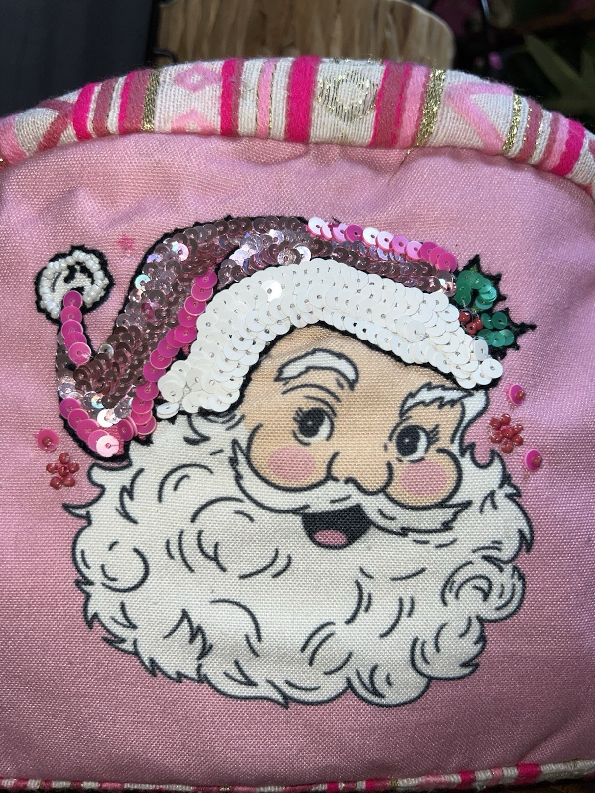 Jane Marie Pink Sequin Santa Makeup Bag Zipper Pouch 8.75 in x 7 in