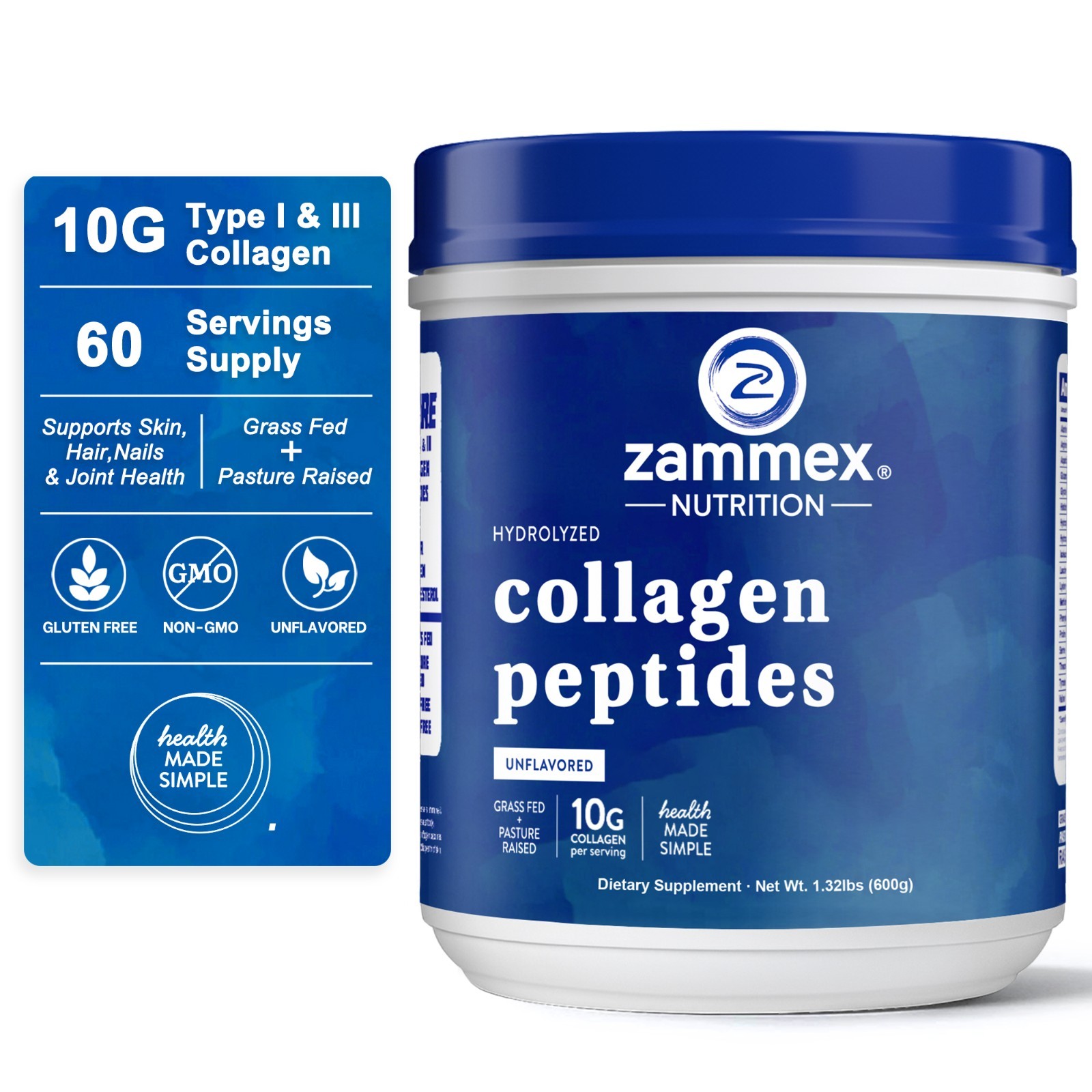 Collagen Peptides Powder Hydrolyzed Collagen ProteinTypes 1& 3 Unflavored-1.32LB