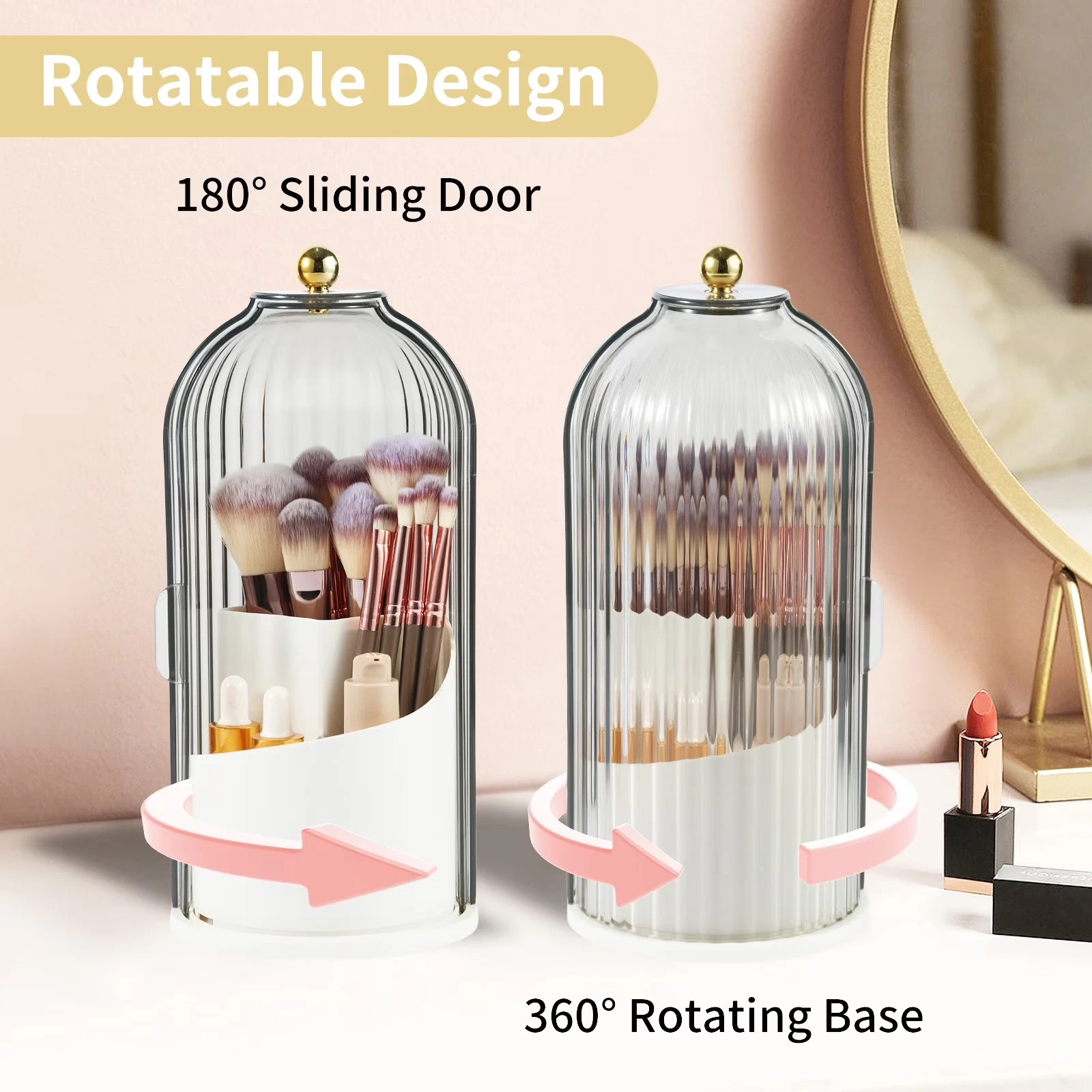 Makeup Brush Holder Organizer with Lid,360 Rotating Clear Dust Proof Makeup Brus