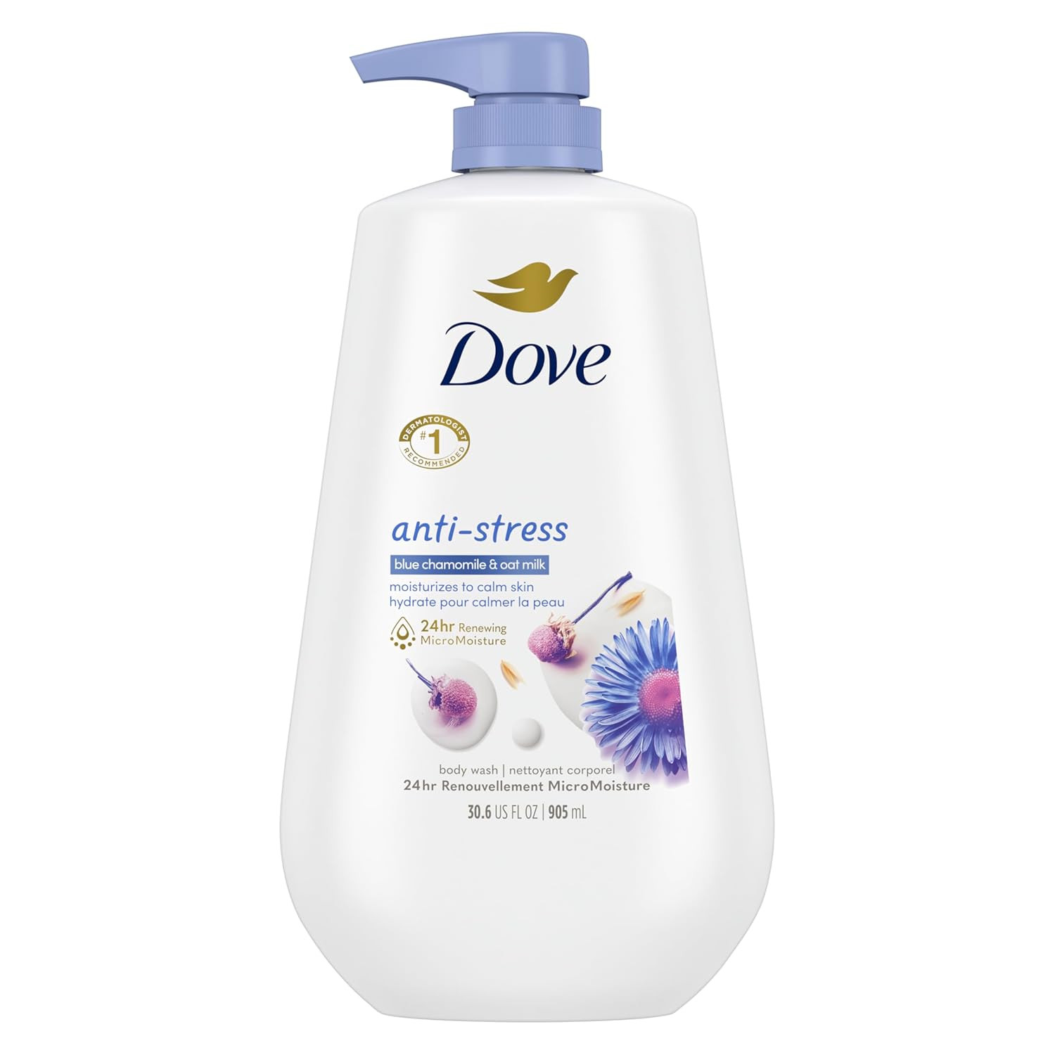Dove Body Wash with Pump Anti-Stress Blue Chamomile & Oat Milk, for 24Hr Lotion-