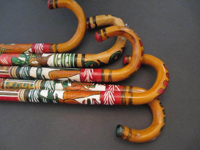 Hand Carved Wooden Cane Walking Stick Mexican Aztec Hand Painted Mexico ONE Cane