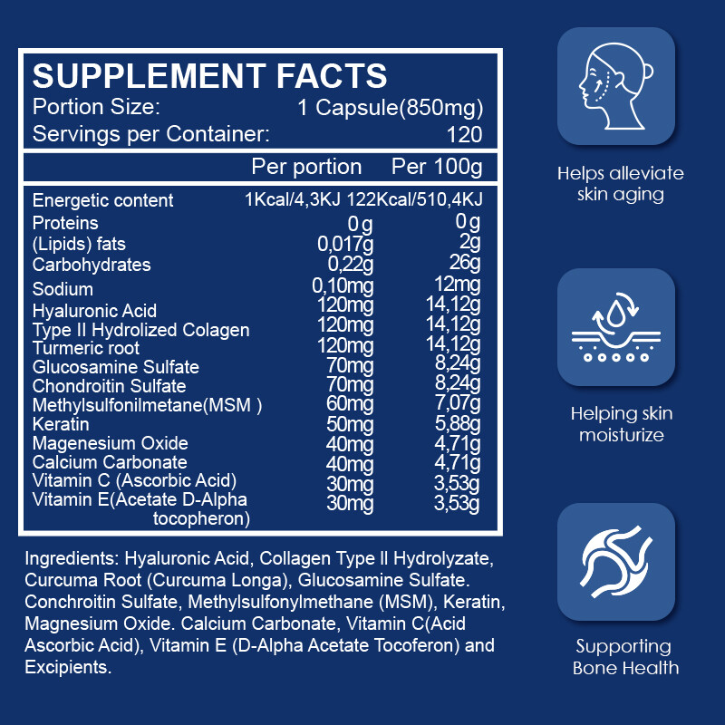Hyaluronic Acid 850mg 4X 120 Capsules Vitamin C 30 mg For Joint and Skin Health