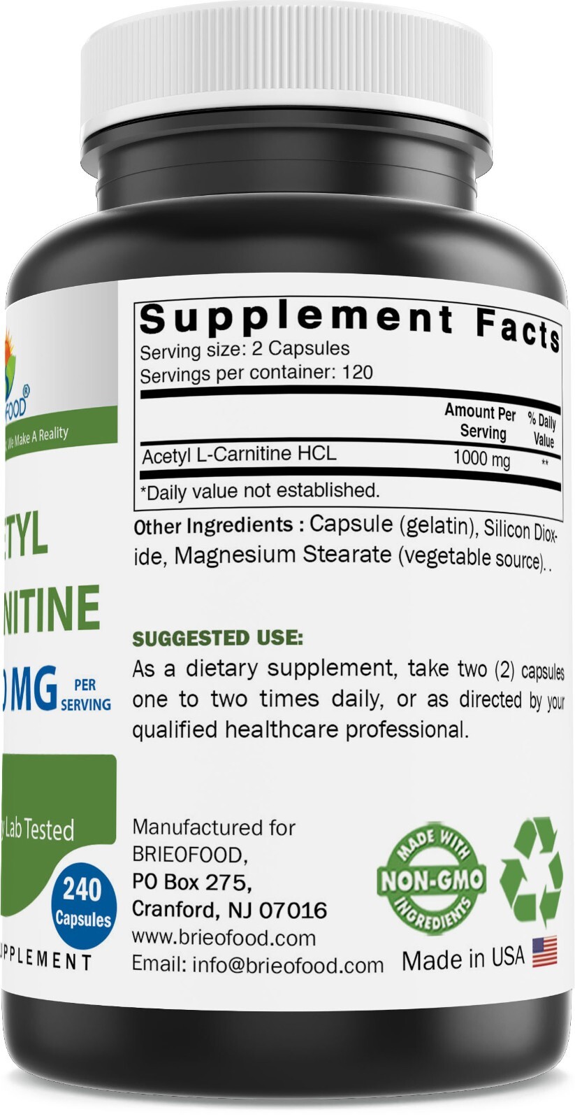 Brieofood Acetyl L-Carnitine 1000 mg Per Serving- 240 Capsules. Gluten-Free