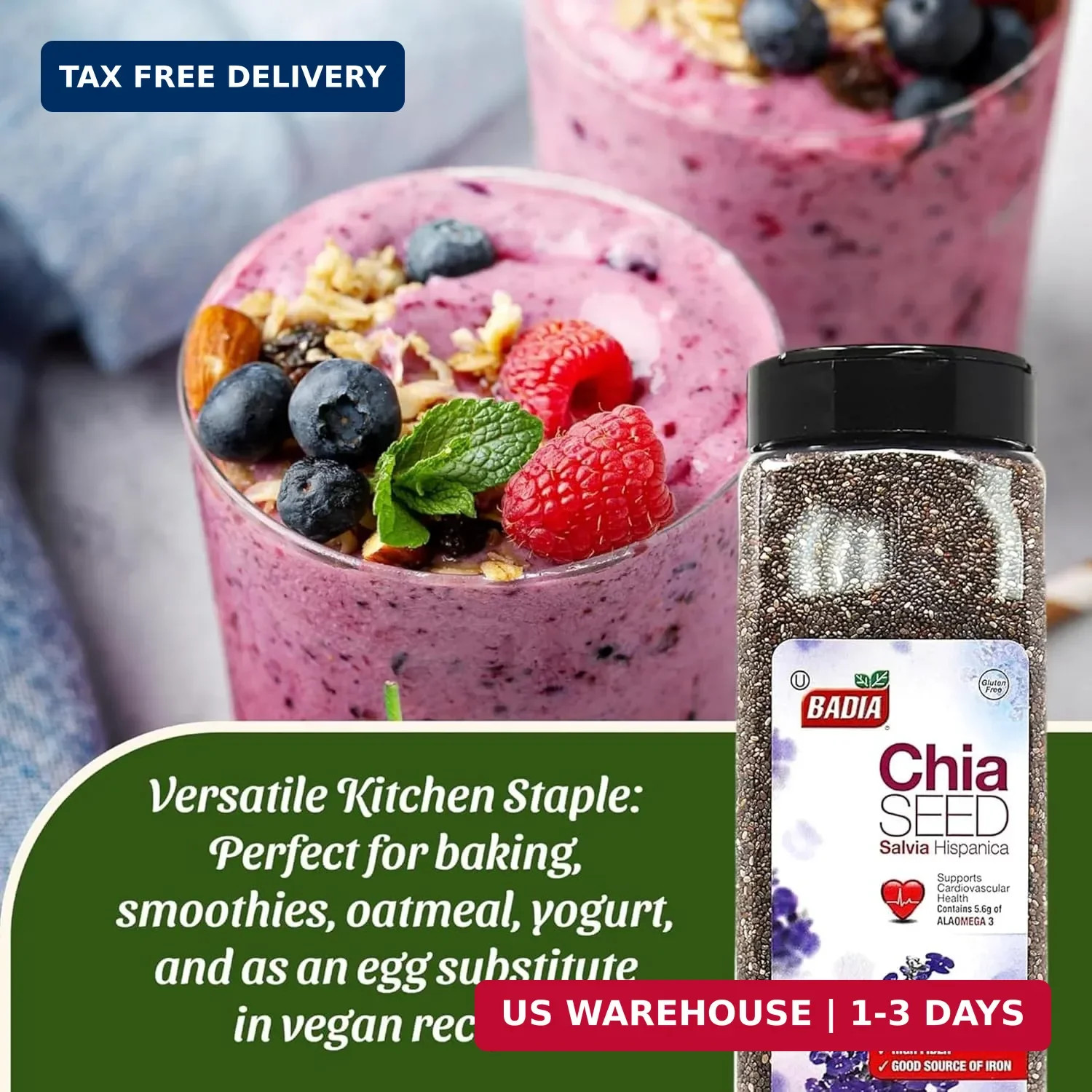 Badia Chia Seed, 22 oz – High Fiber, Omega-3, Protein, Energy Boost – Smoothies,