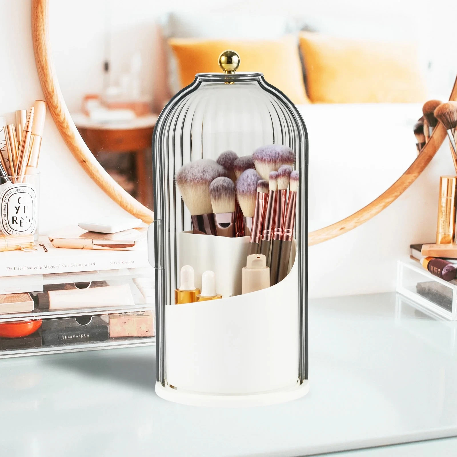 Makeup Brush Holder Organizer with Lid,360 Rotating Clear Dust Proof Makeup Brus