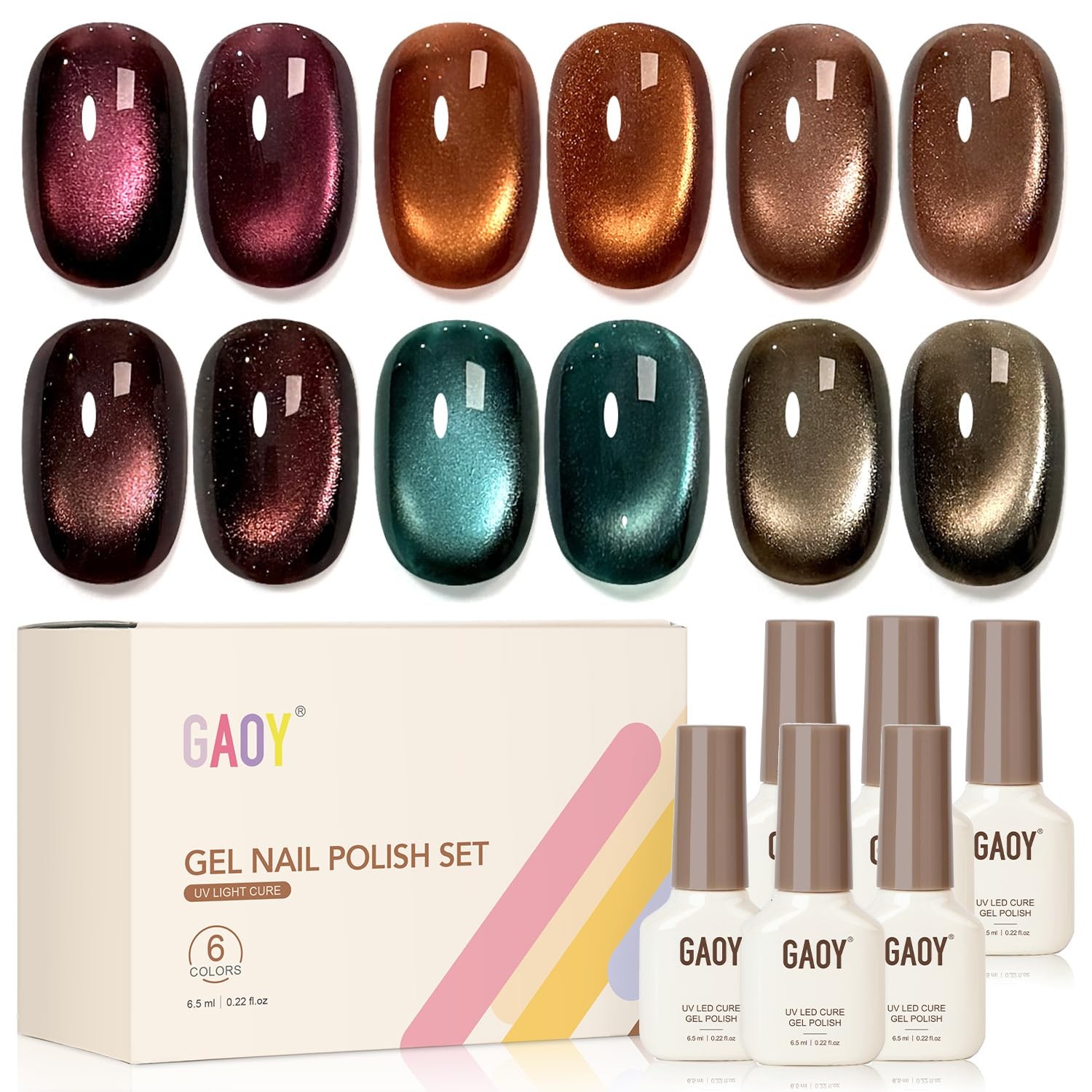 GAOY Glitter Cat Eye Gel Nail Polish Set with Magnet, 6 Colors Brown Green Purpl