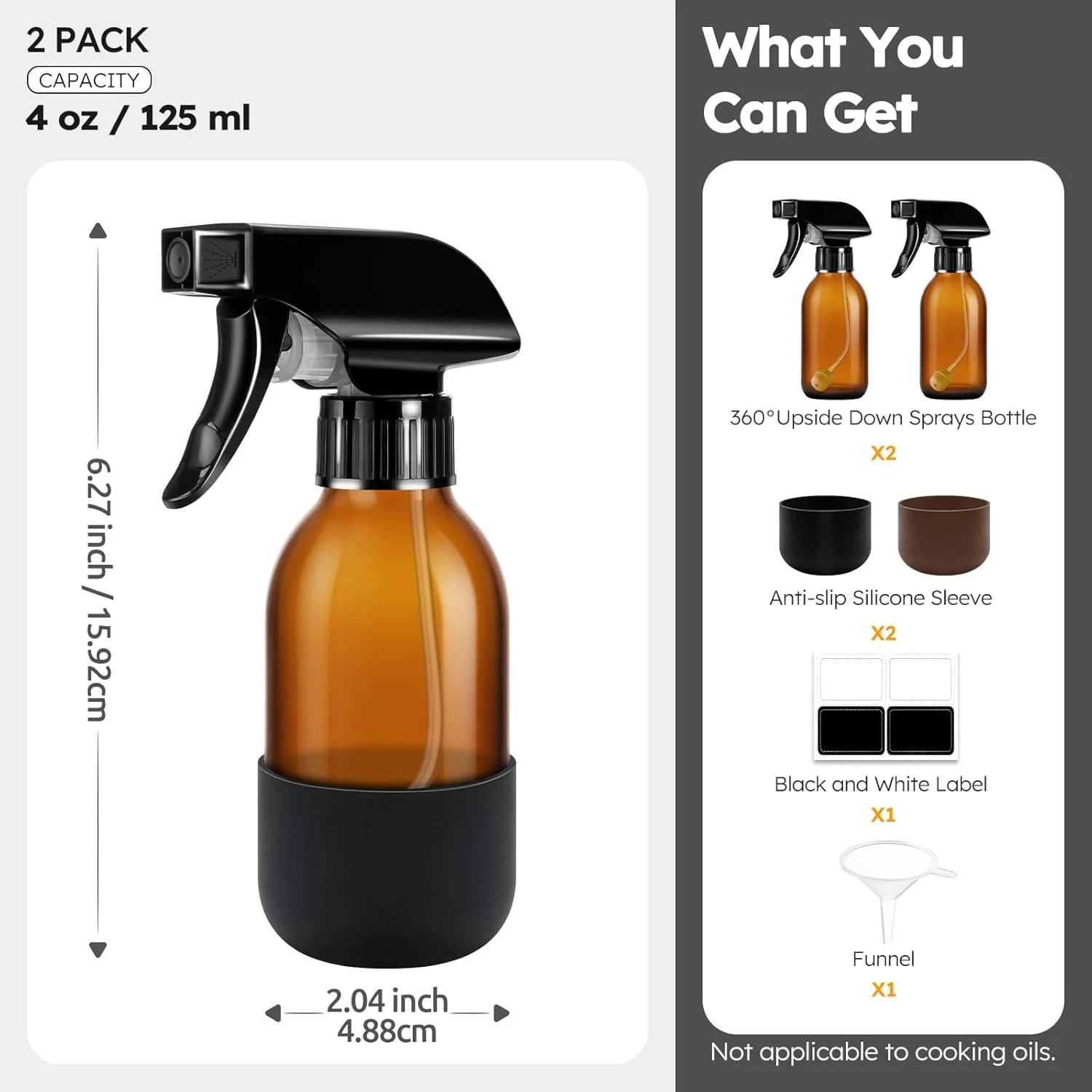 Tecohouse 2 Pack 360° Amber Glass Spray Bottles with Silicone Sleeve, 4 oz Empty