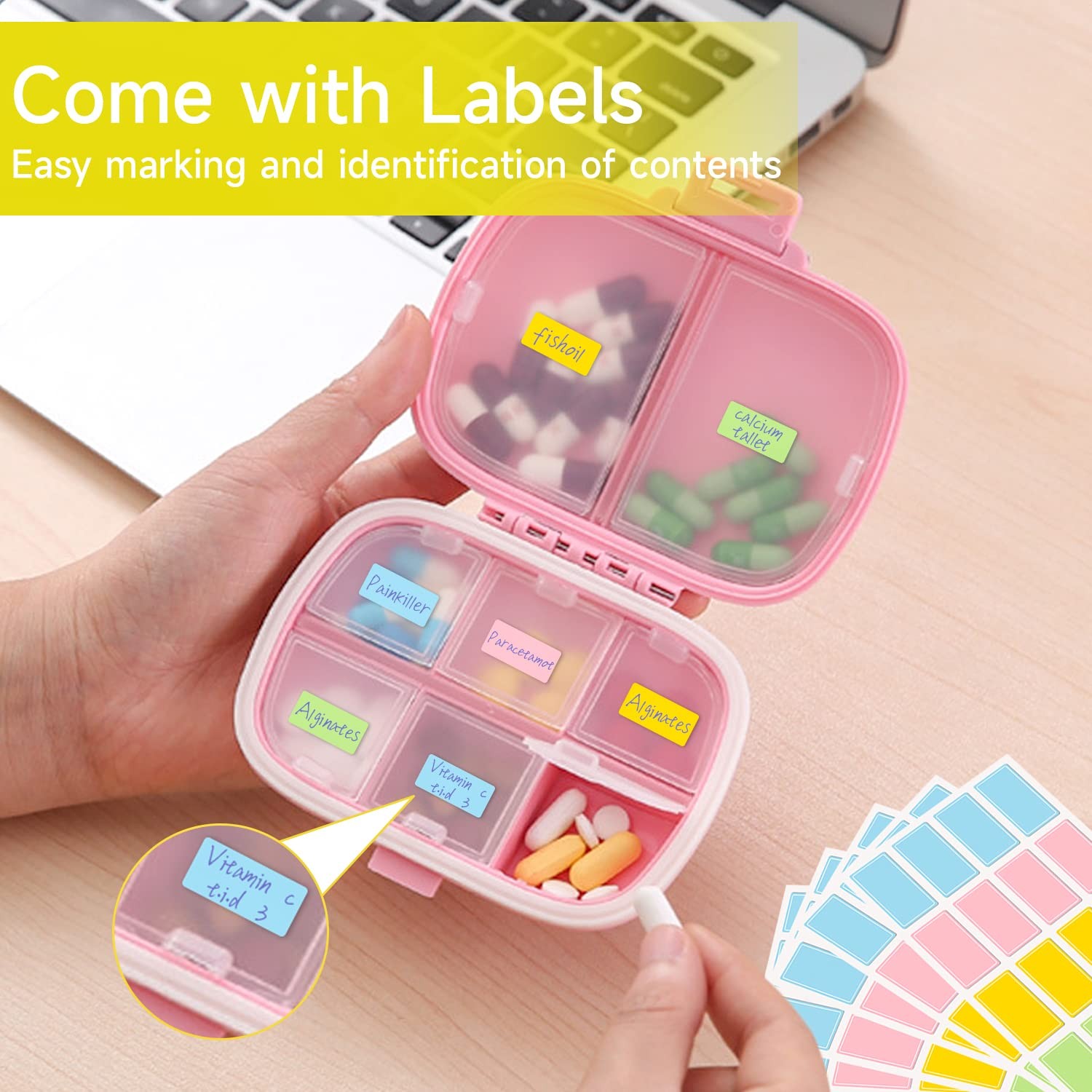 4 Pack Travel Pill Organizer,8 Compartments Weekly Box Moisture Proof B