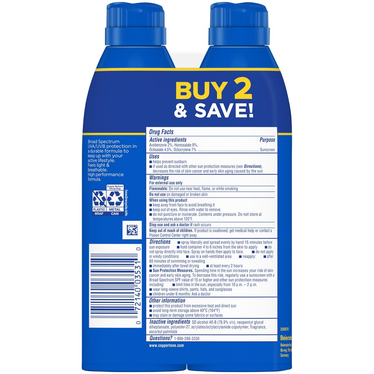 Coppertone Sport Sunscreen Spray – SPF 30 – Twin Pack 11oz:Whole Body Protection