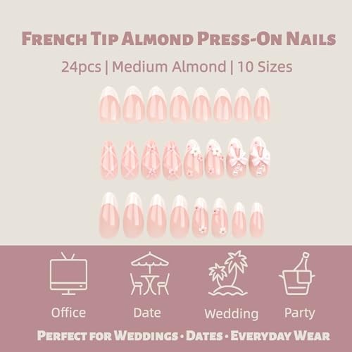 Coquette Bow Press-On Nails, 24pcs Blush Pink French Tip Almond Ballet Blush