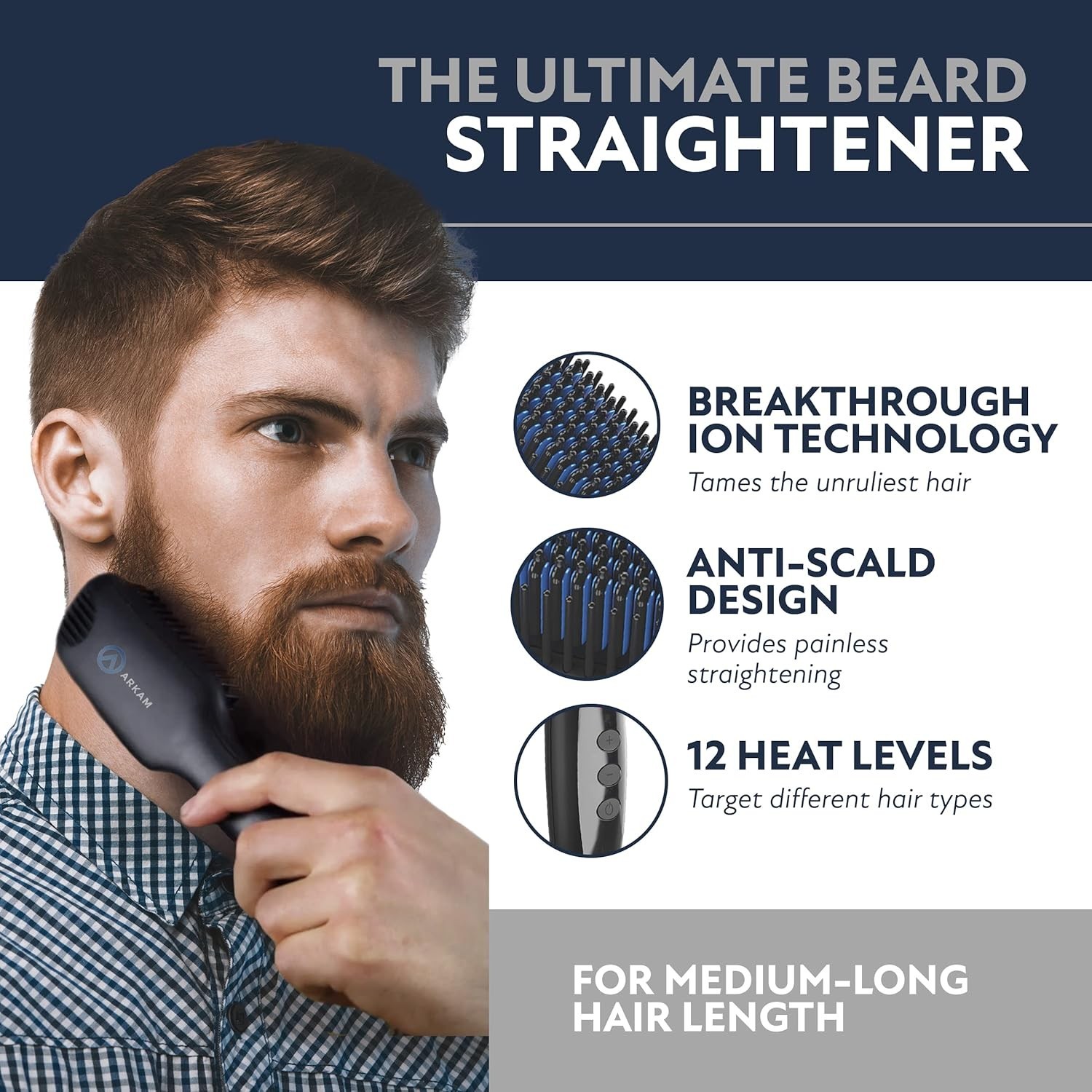 Arkam Beard Straightener for Men Premium Heated Brush Kit w/ Travel Case & Comb