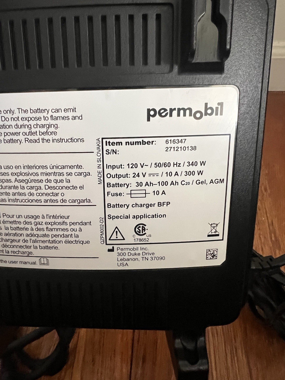Permobil 10amp VoltPro Power Wheelchair Battery Charger 24V 10A 616347
