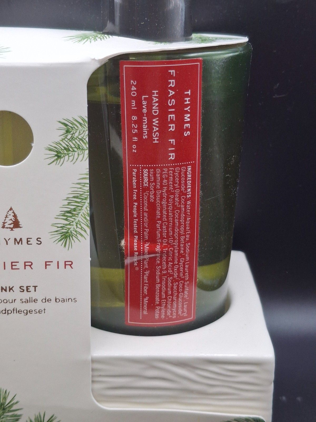 Thymes Frasier Fir Sink Set in Ceramic Caddy ~ Hand Wash & Lotion 8.25 oz ~ New