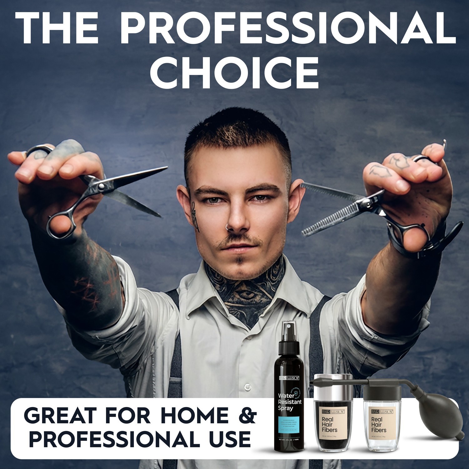 Hair Illusion Hair Fibers Kit: 18g BLACK Fibers, Water Resistant Spray. Applic