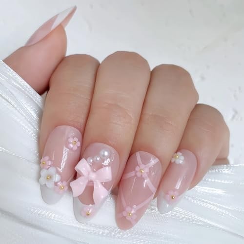 Coquette Bow Press-On Nails, 24pcs Blush Pink French Tip Almond Ballet Blush