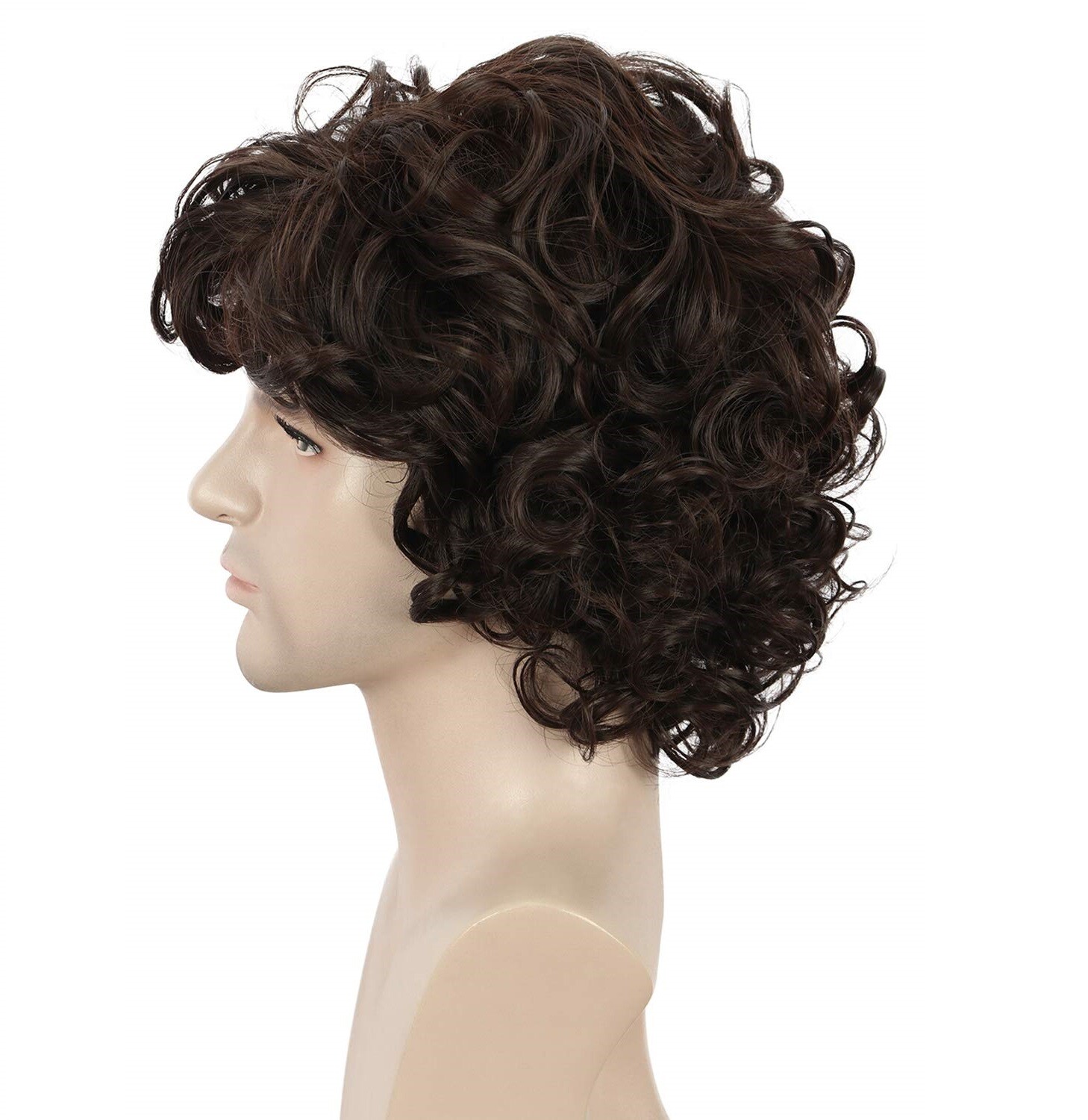 Men Brown Short Curly Wig Fluffy Synthetic Fiber Hair Wigs for Men Daily Wig US