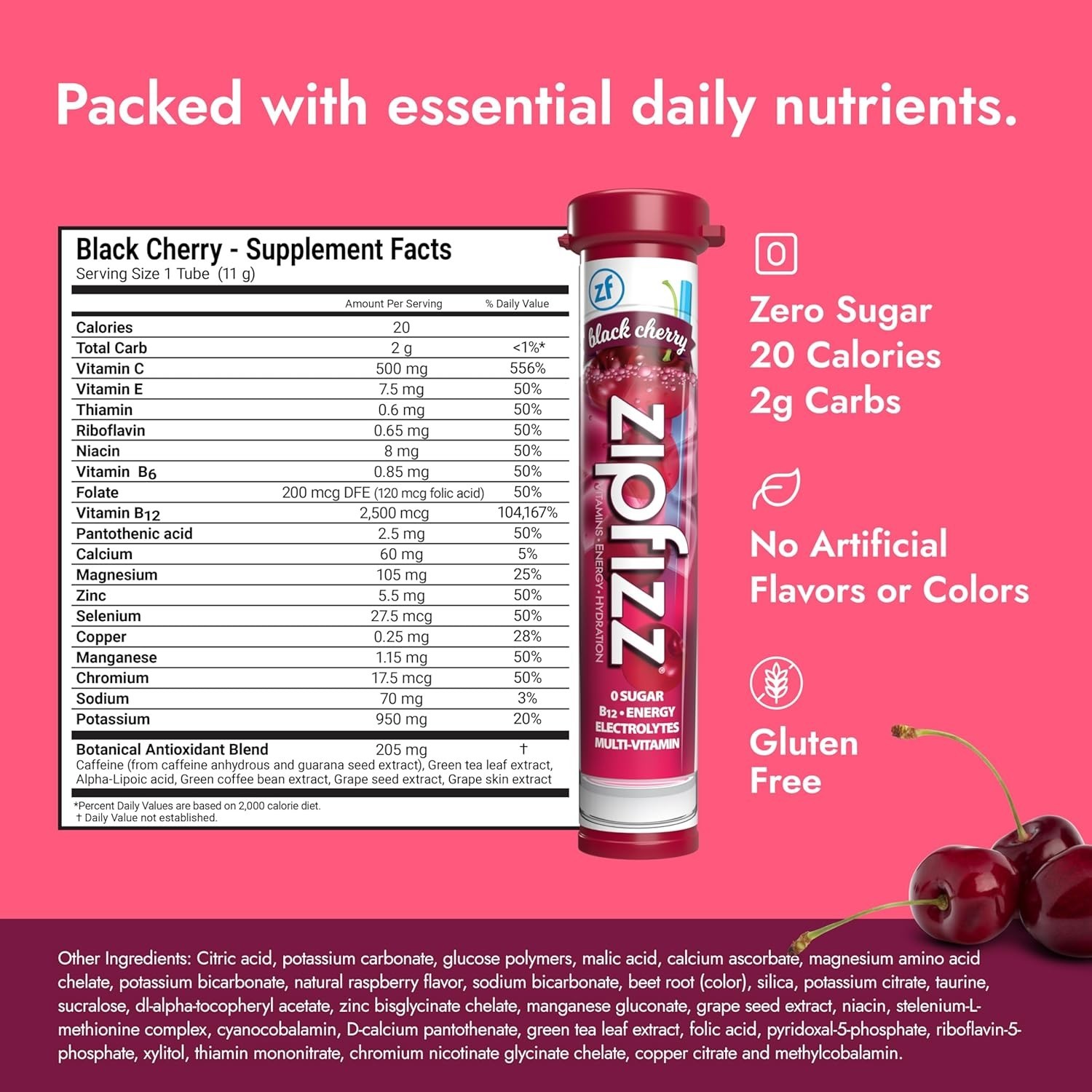 Zipfizz Daily Energy Drink Powder, Black Cherry, 20 Pack 3-in-1 Sustained Energ