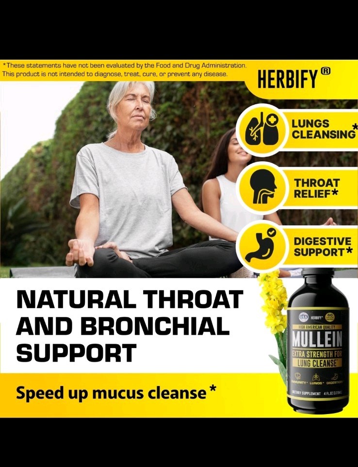 HERBIFY Mullein Leaf Extract Liquid Drops 4oz Respiratory & Lung Detox Cleanse
