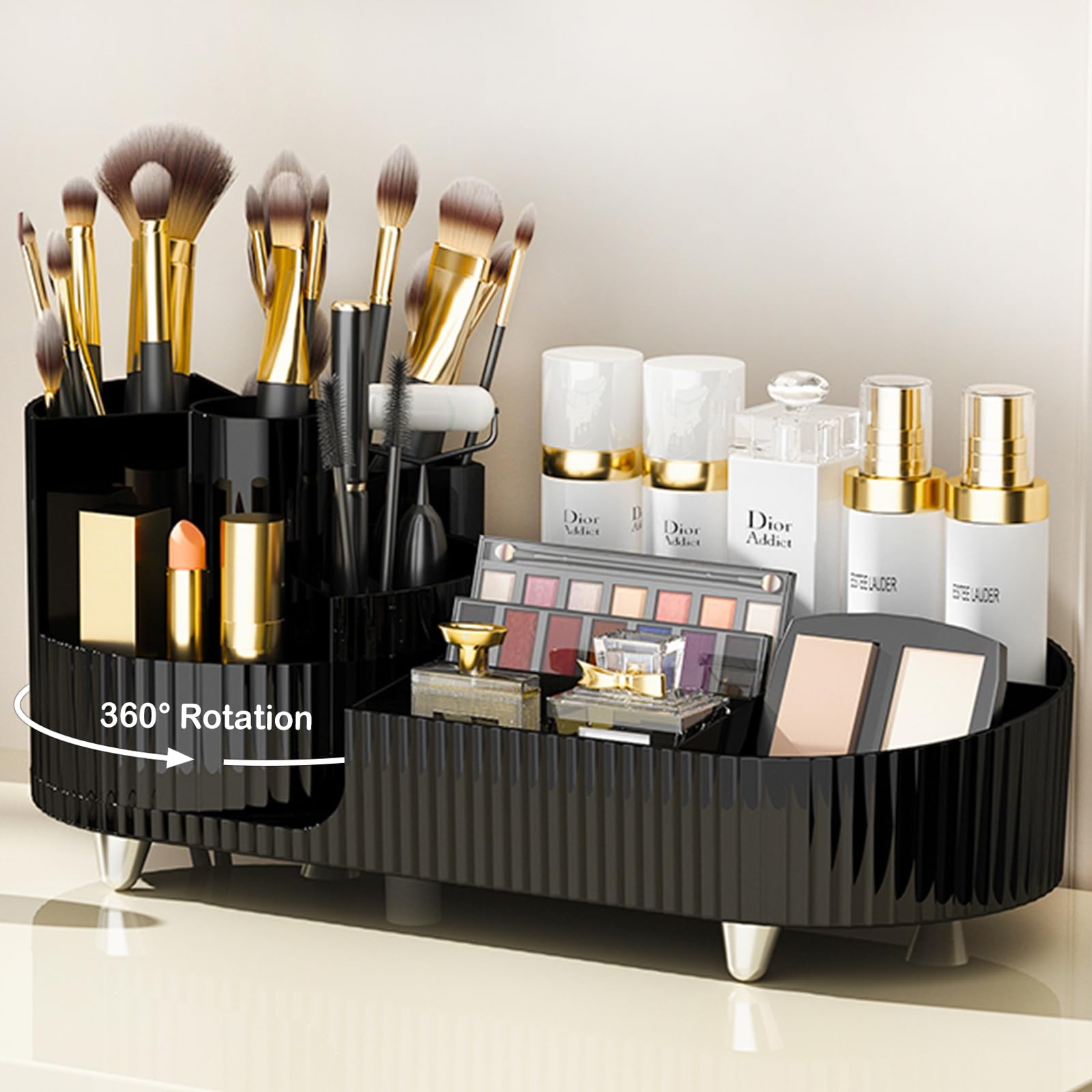 Rotating Makeup Organizer for Vanity with Brush Holder, Cosmetic Black