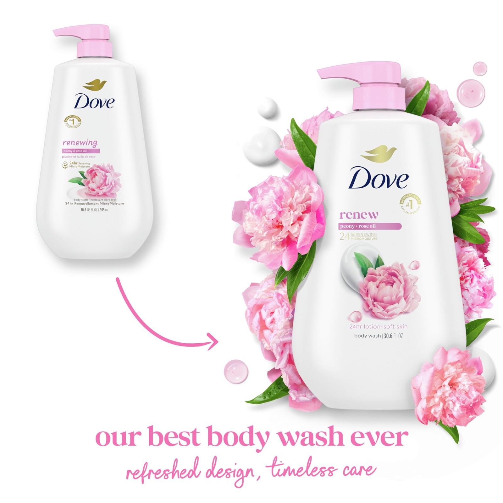 Dove Body Wash with Pump Renew Peony & Rose 30.6 Fl Oz (Pack of 1), EE0096