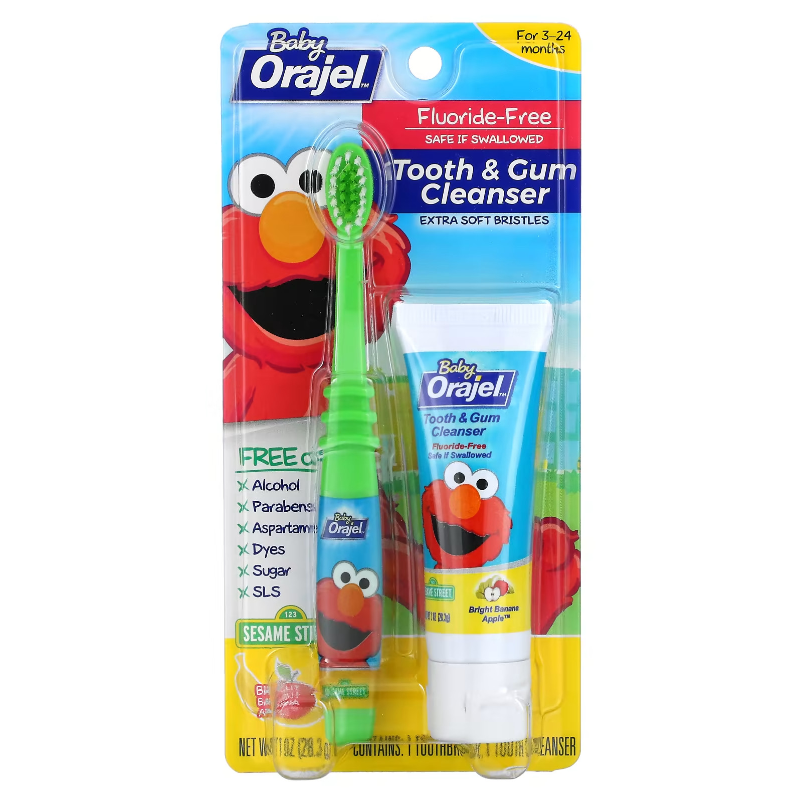 BABY ORAJEL Tooth & Gum Cleanser 3-24 months contains; 1 Toothbrush, 1 Cleanser