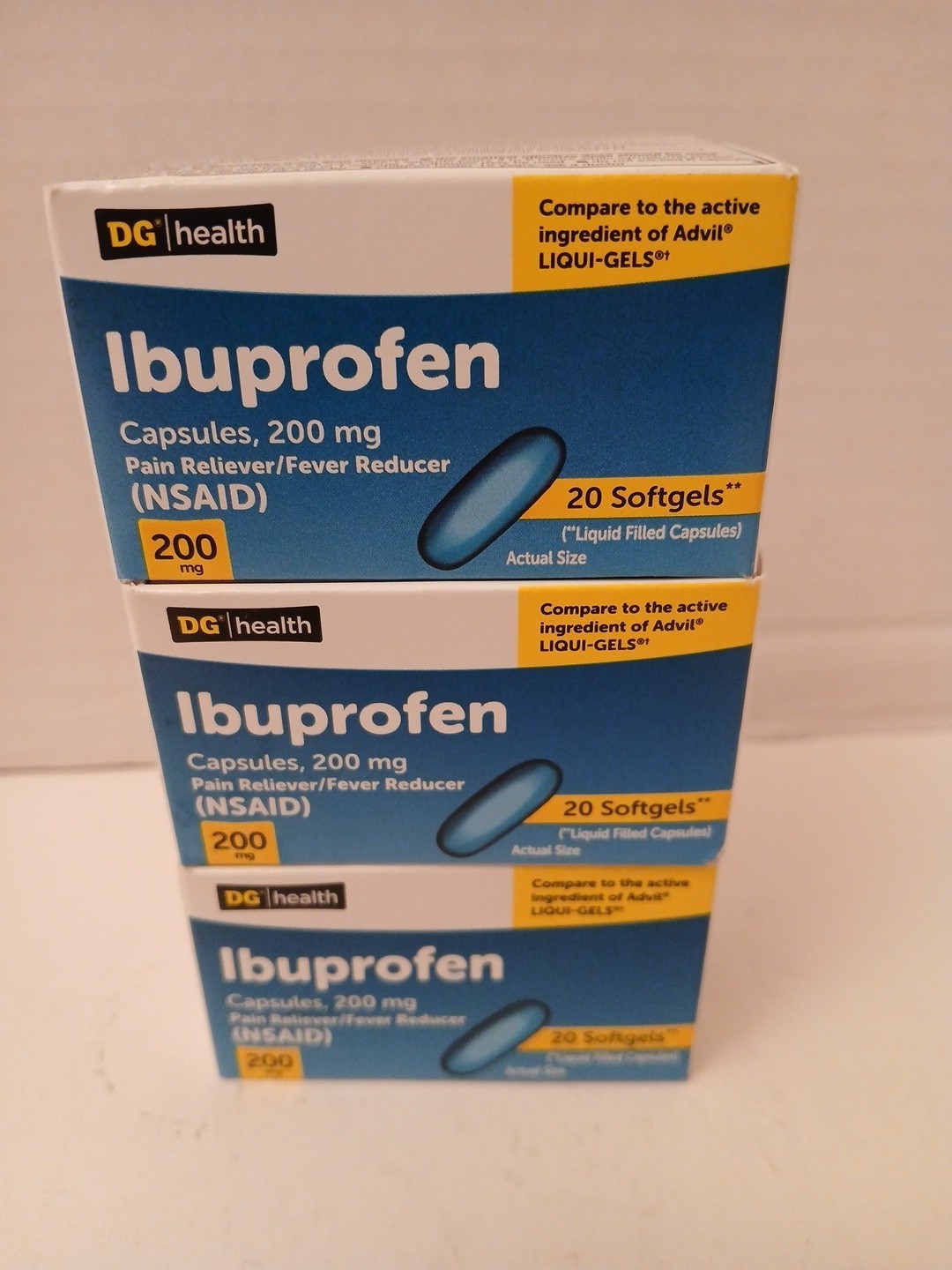 Ibuprofen 200 mg Pain Relief Fever Reducer 20 Softgels Each Total 60 Exp: 06/28