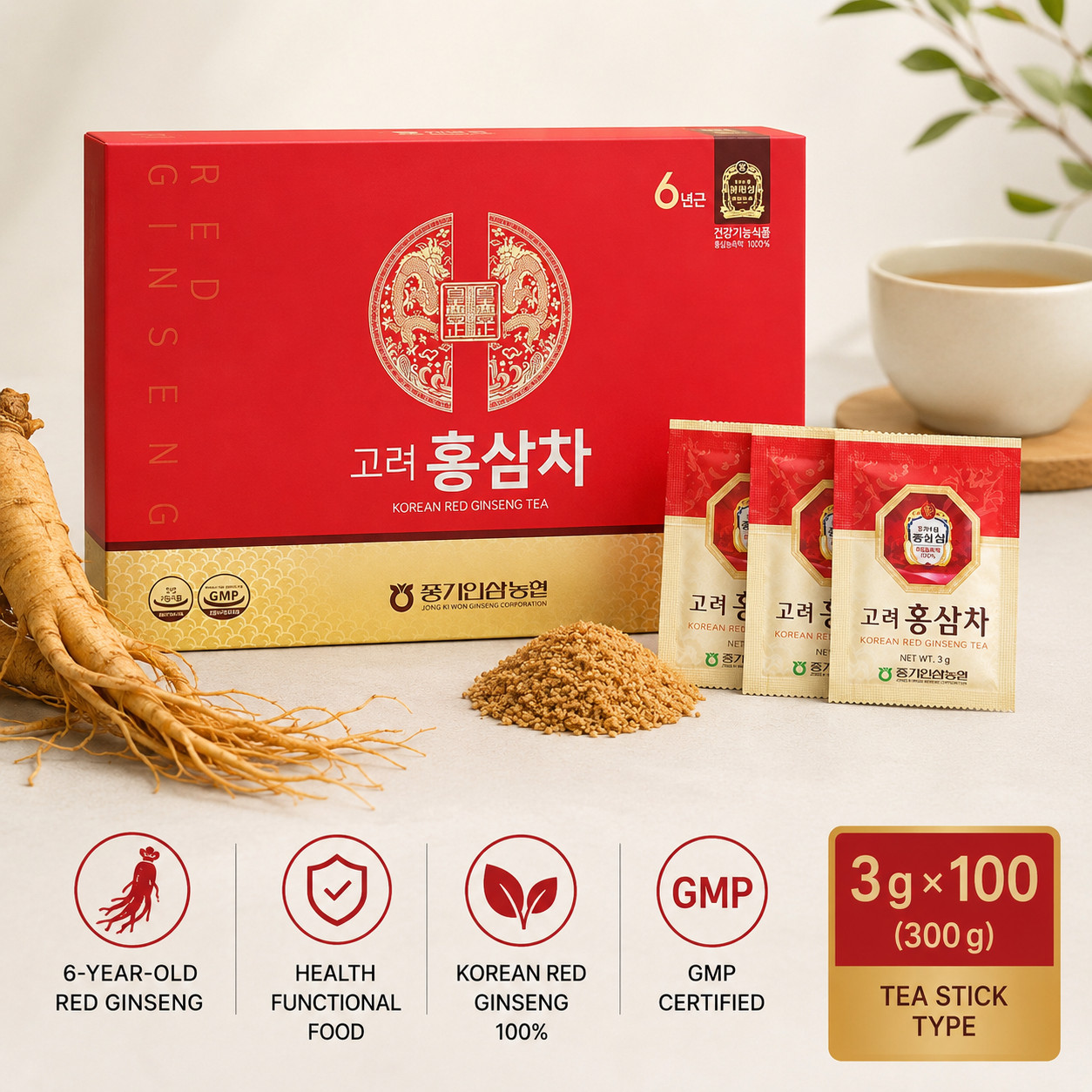 PUGGI Korean Red Ginseng Tea 3g x 100 Packets Natural Energy Drink