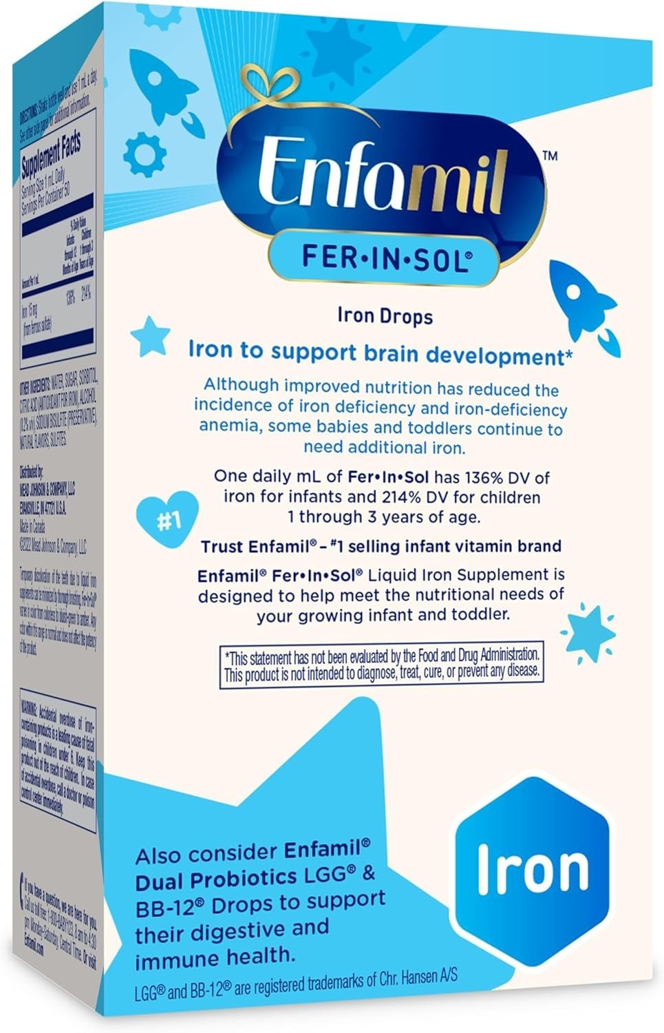 Enfamil Fer-In-Sol Iron Drops 50mL Active Minds Baby Supplement 0-24 Months 2Pk
