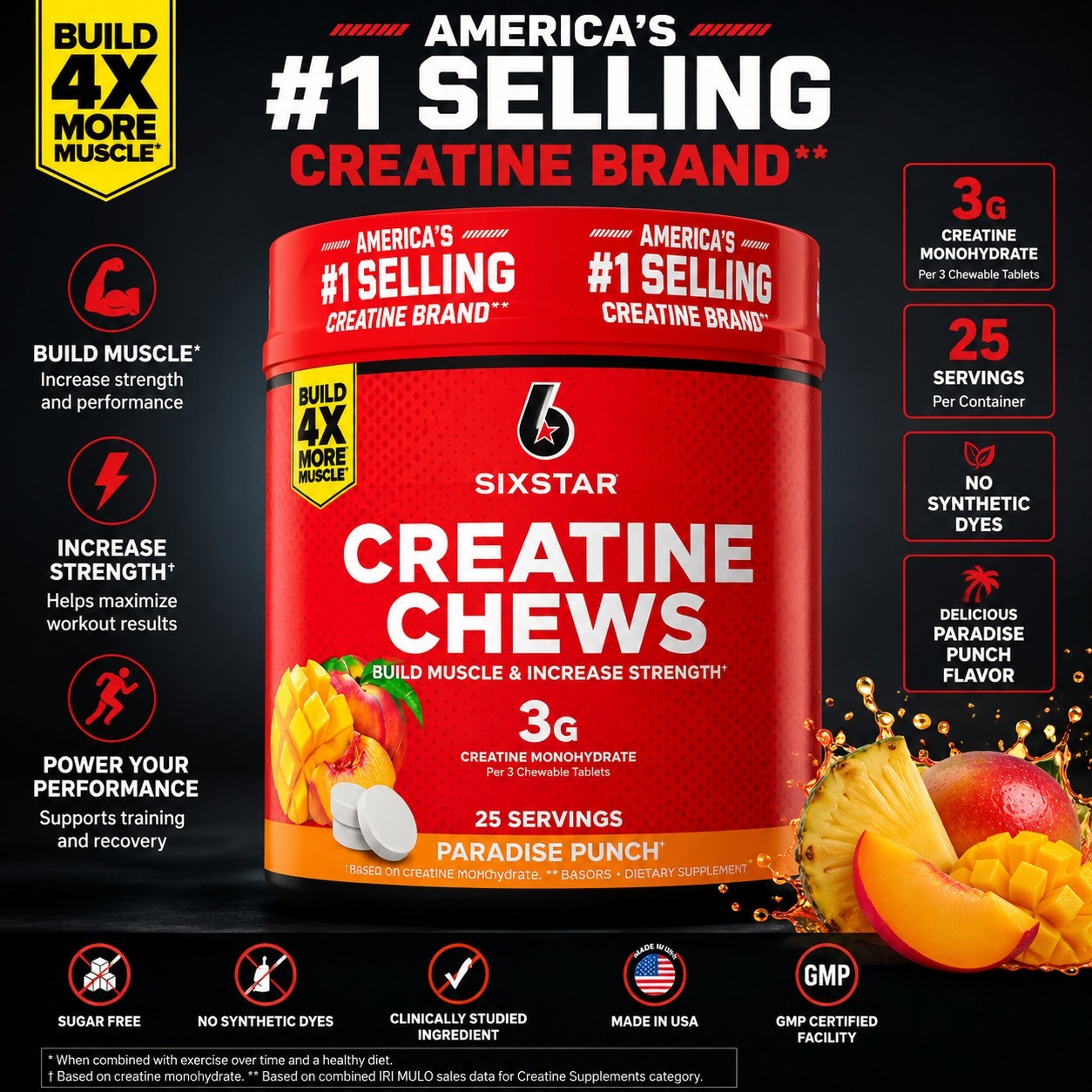 Six Star Creatine Chews 3g Creatine Monohydrate Paradise Punch 25 Servings