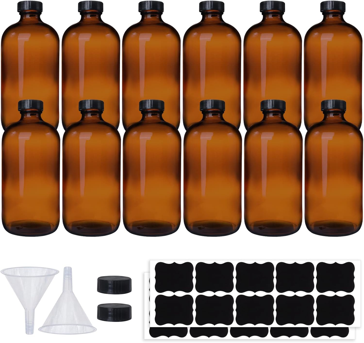 12 Pack 16 Oz Amber Boston round Glass Bottles with Black Caps for Secondary Kom