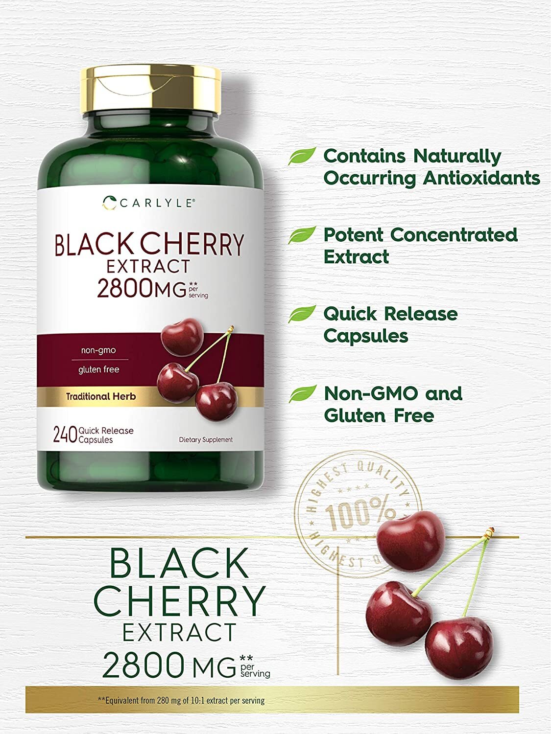 Black Cherry Capsules 2800mg | 240 Count | Non-GMO, Gluten Free | By Carlyle