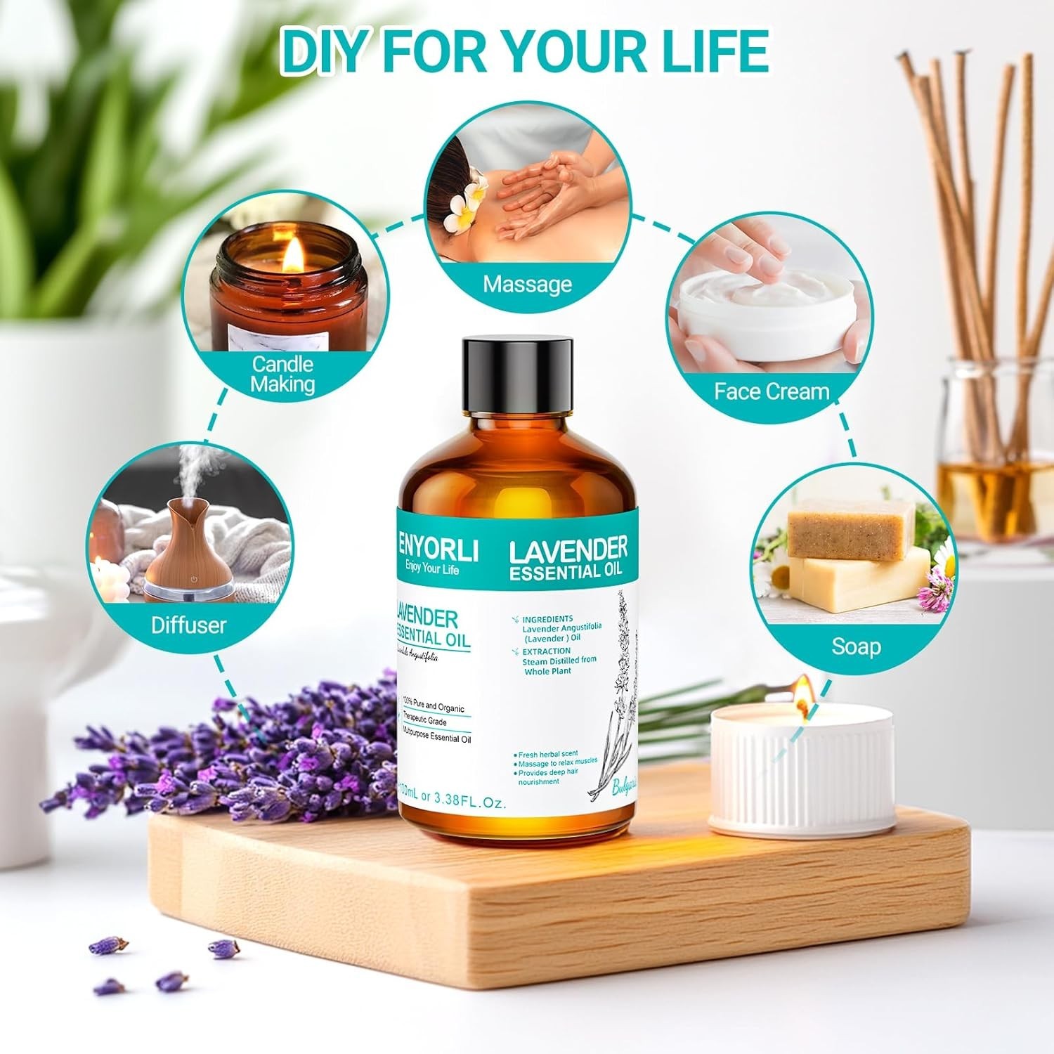 Lavender Essential Oil 3.38 fl oz (100ml), Lavender Oil for Home & Daily Use, fo