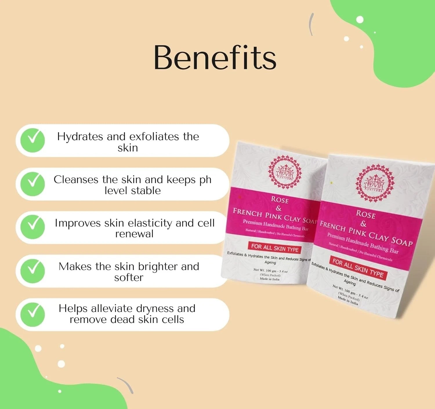 Advik Ayurveda Rose And French Pink Clay Soap 100gm Each Set Of 2