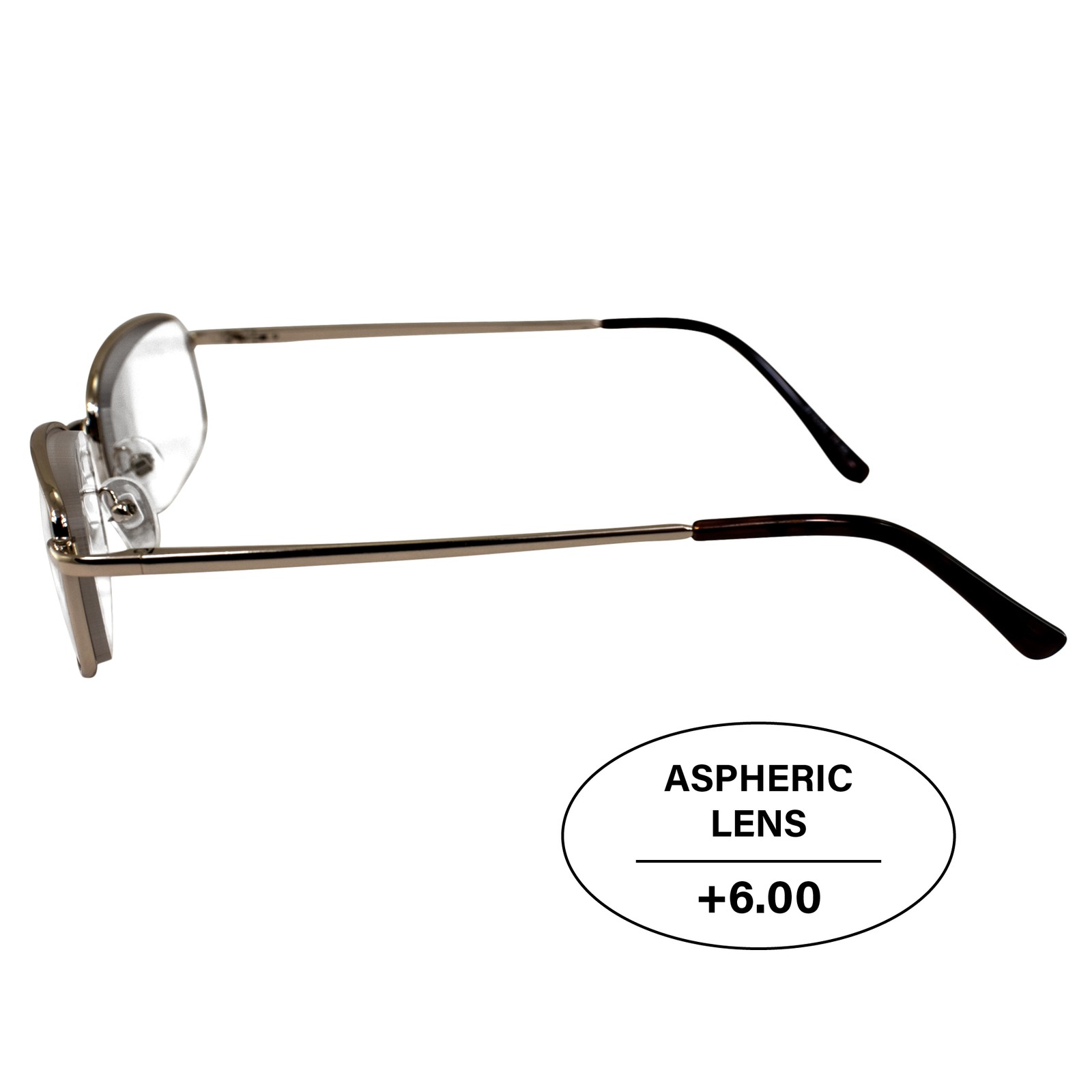 Men’s High Powered Reading Glasses Gold Frame & Case +6.00 Mag Aspheric Lens