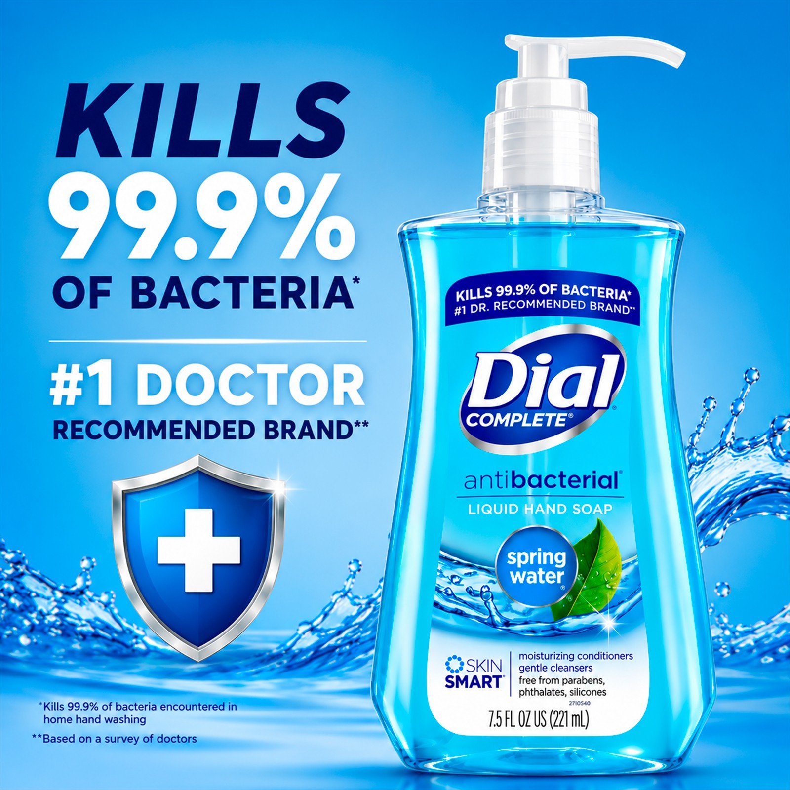 Dial Complete Antibacterial Liquid Hand Soap Spring Water 7.5 oz (12 Pack)