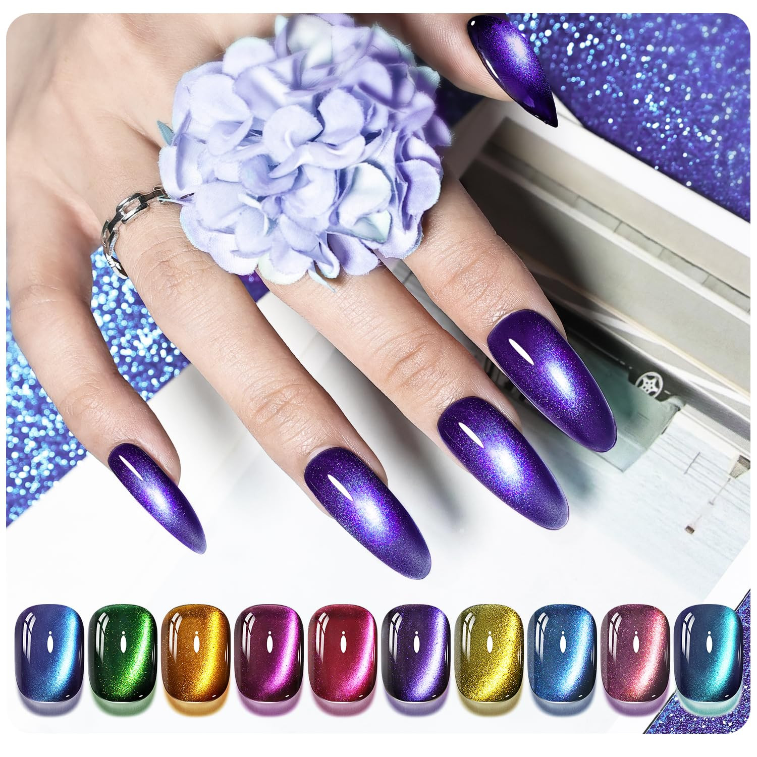 Cat Eye Gel Nail Polish 10 Colors Blue Green Red with Base Coat Top Coat Magnet
