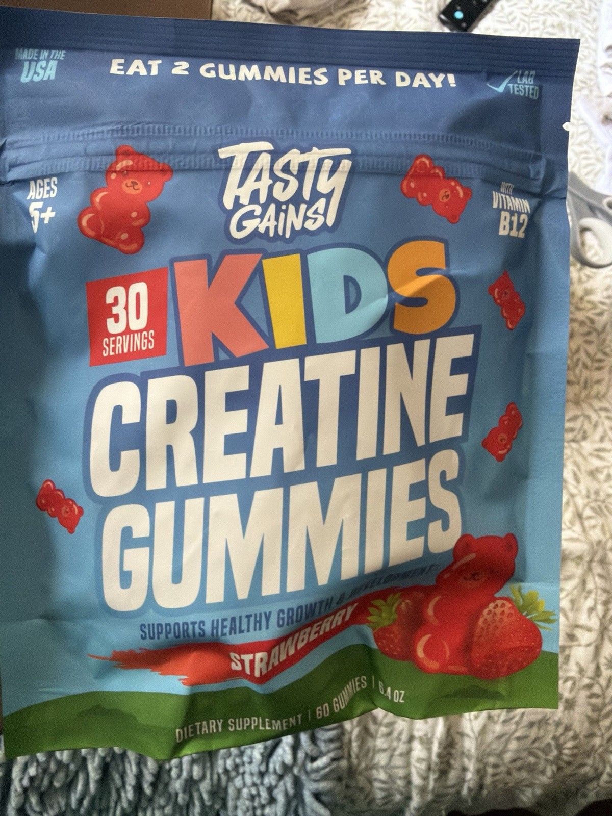 TASTY GAINS Kids Creatine Gummies, Strawberry Flavor B12, Growth Support,