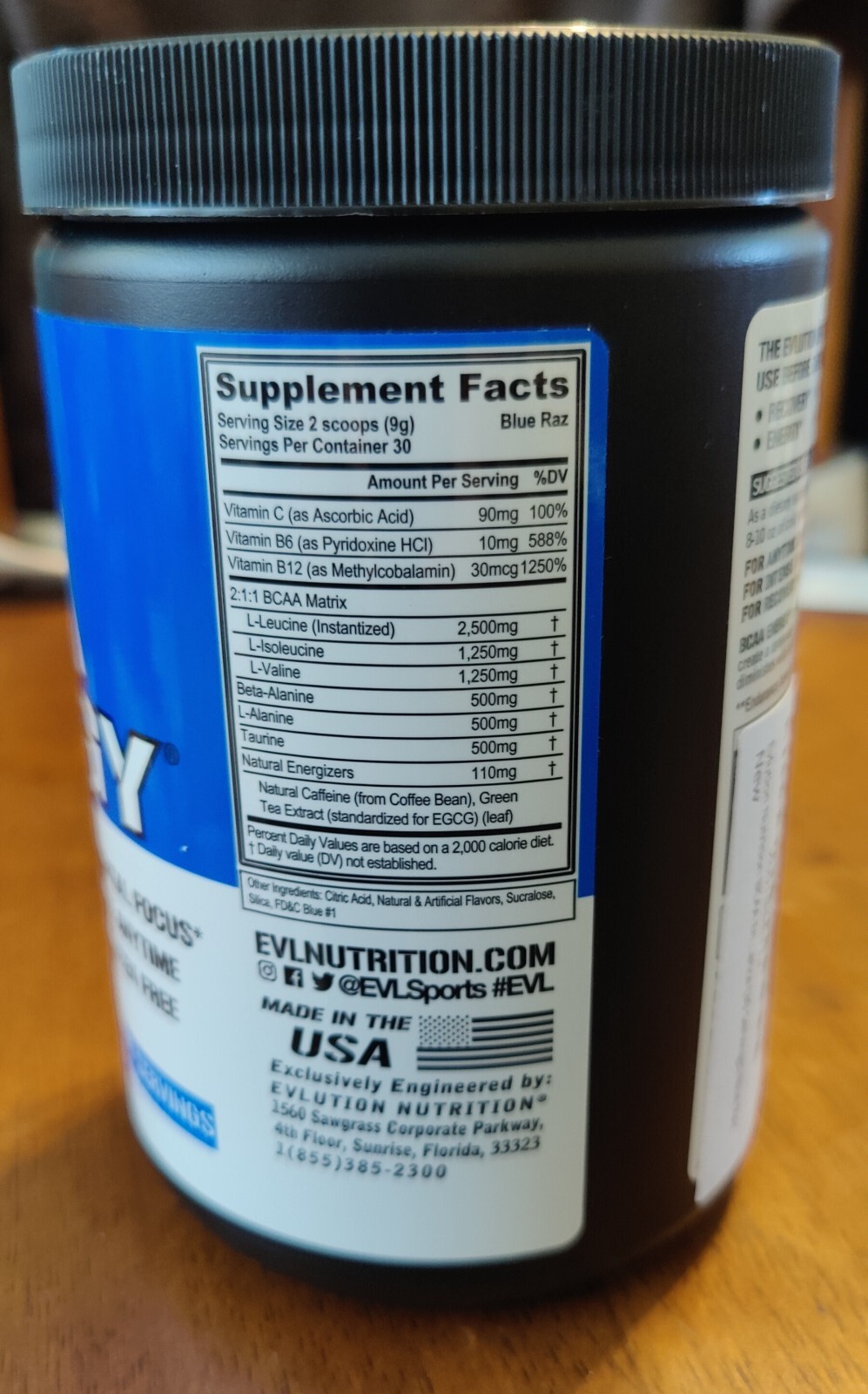 EVLution Nutrition BCAA Energy, Blue Raz, 30 servings 9.52 oz Exp 08/2024.