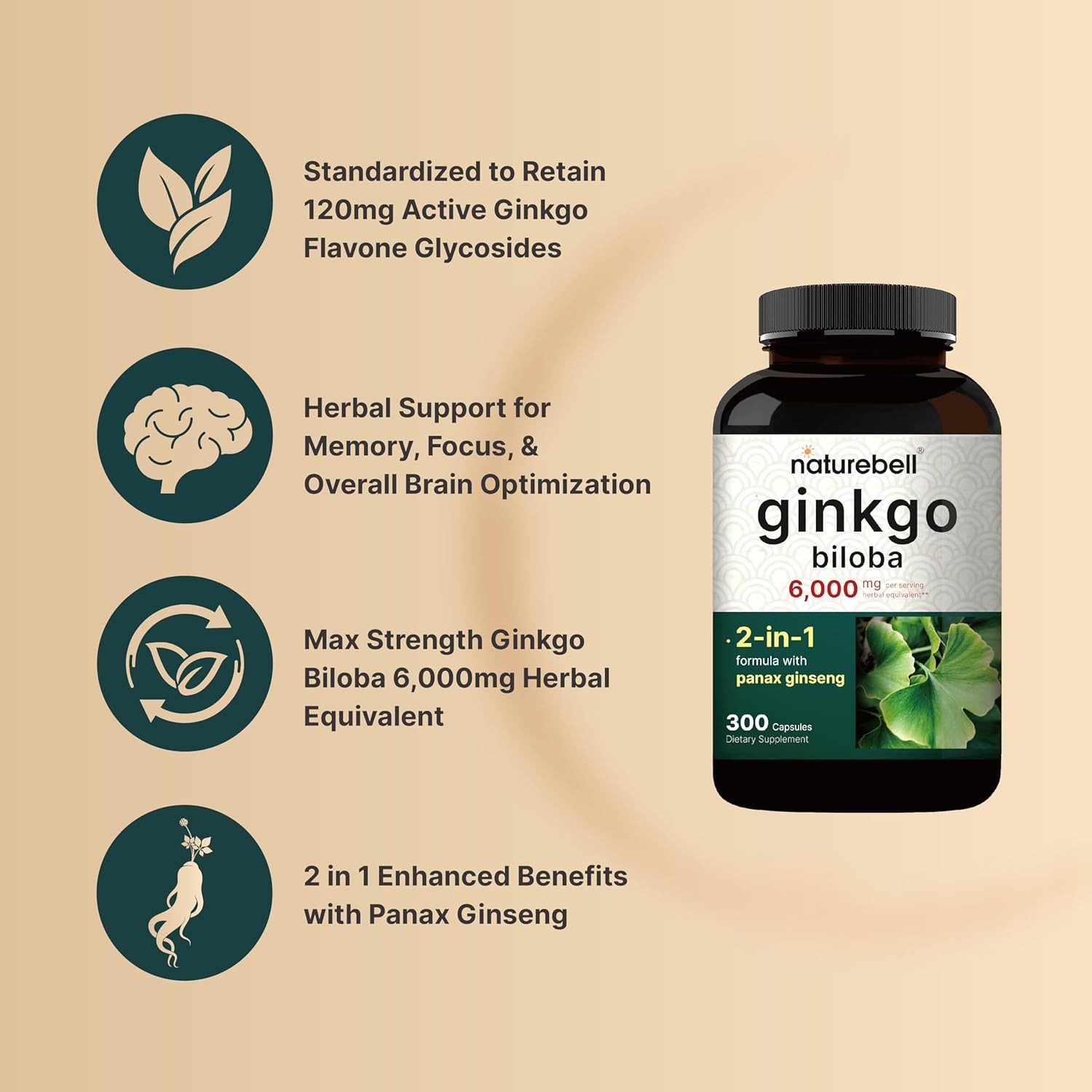 300 Caps Ginkgo Biloba 6000mg w/Red Panax Ginseng for Memory Focus Brain Health