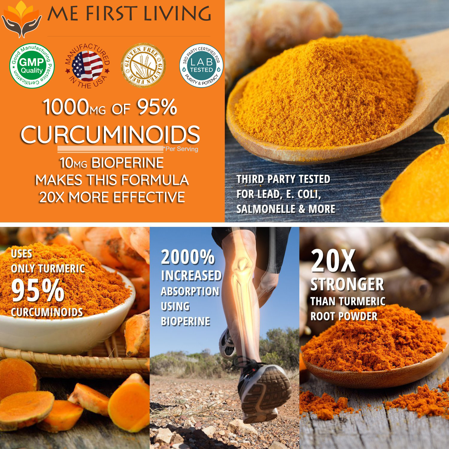 3 Bottles – Me First Living Turmeric Extract 95% Curcuminoids 1000mg + Bioperine