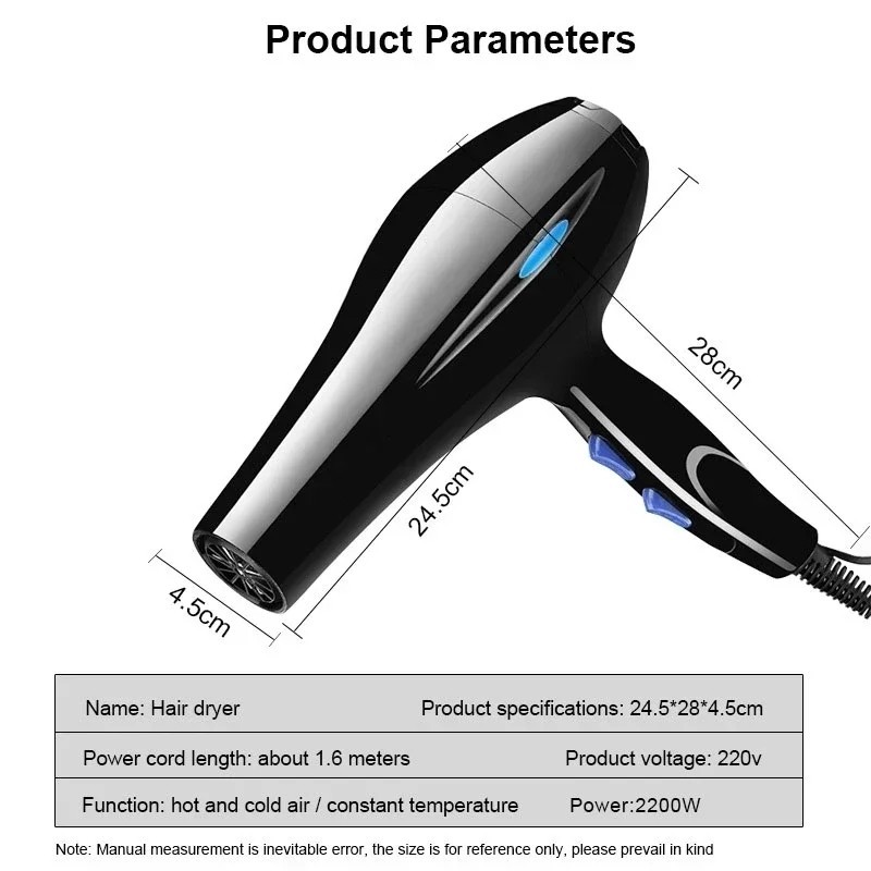 2200W Professional Ionic Hair Dryer Fast Dry Hot Cold Salon Blow Dryer 220V