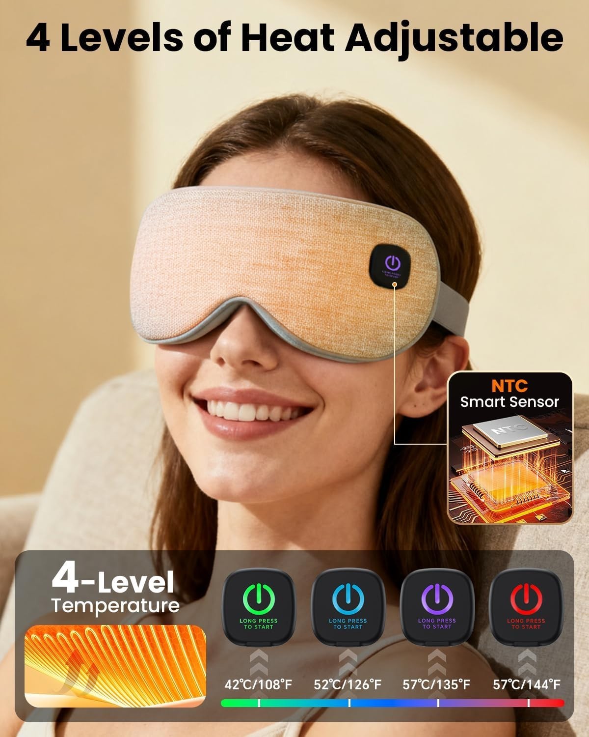 Cordless Heated Eye Mask with 1500mAh Large Battery, 4 Heat Levels & 100% Blacko