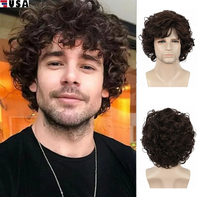 Men Brown Short Curly Wig Fluffy Synthetic Fiber Hair Wigs for Men Daily Wig US