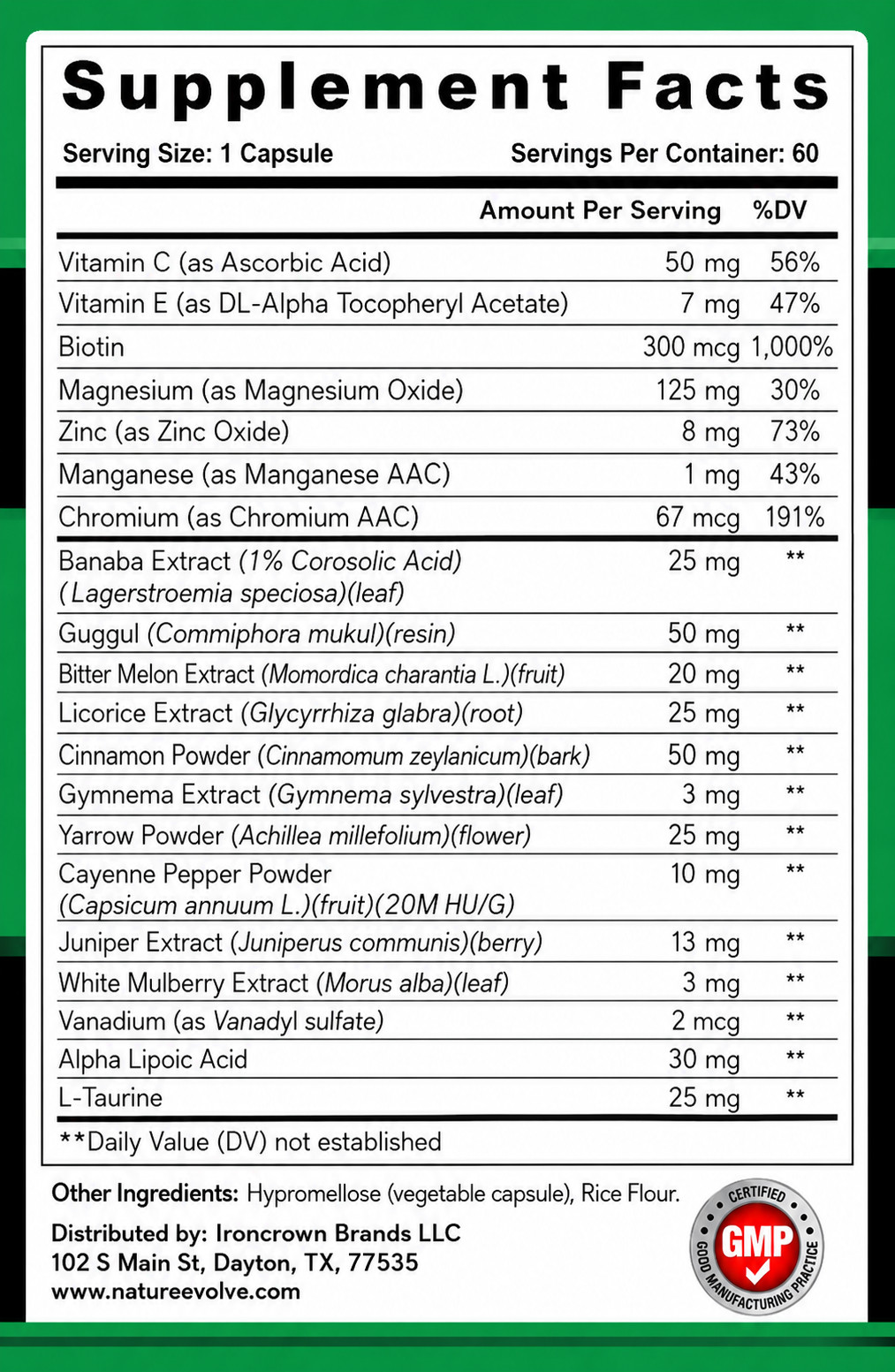 Nature Evolve Premium Blood Sugar Ultra 60 Capsules 60 Day Supply Made In USA