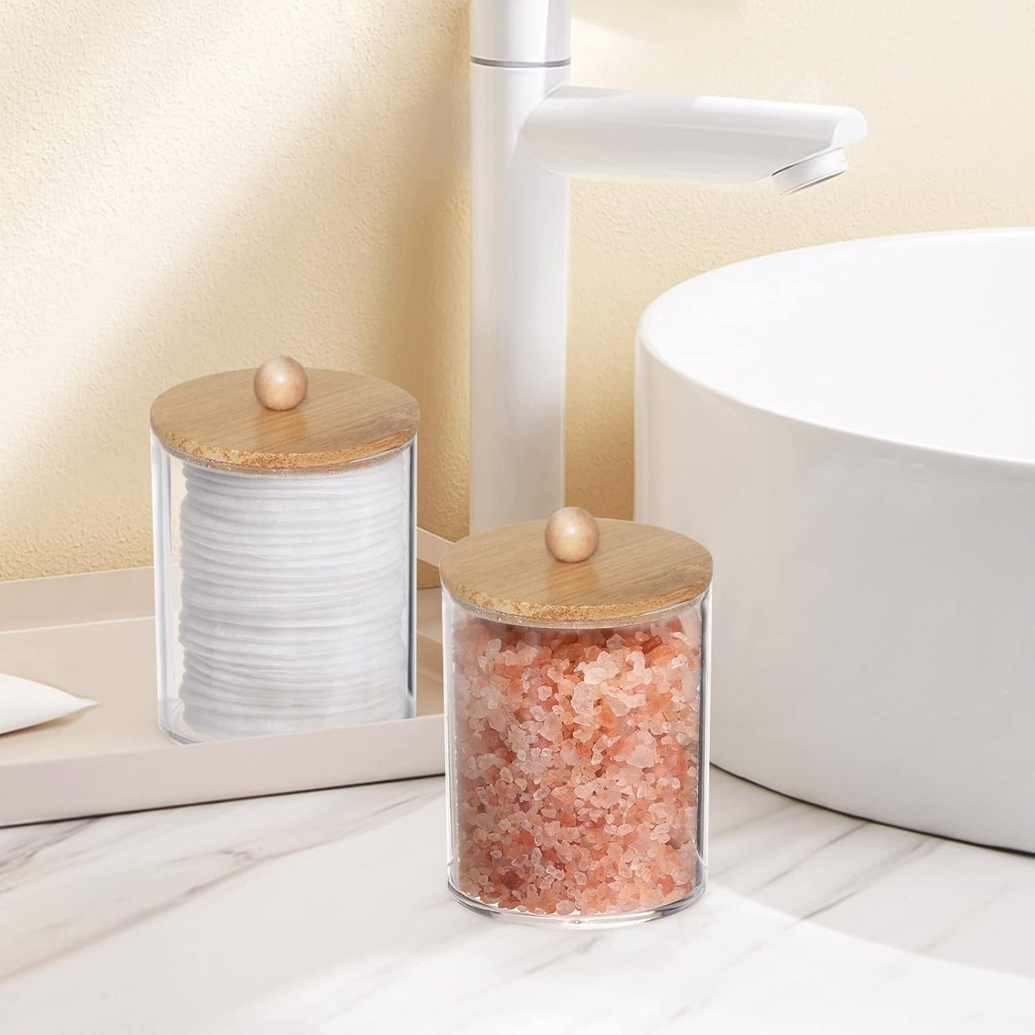 Sophisticated 10 Oz Clear Bathroom Organizers – 3 Pack with Dust-Proof Wood Lids