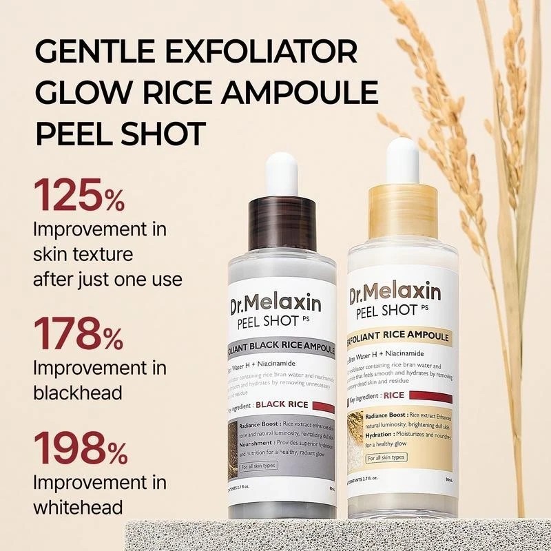 Dr.Melaxin Peel Shot Glow White and Black Rice Ampoule Duo Soft Exfoliating Acid